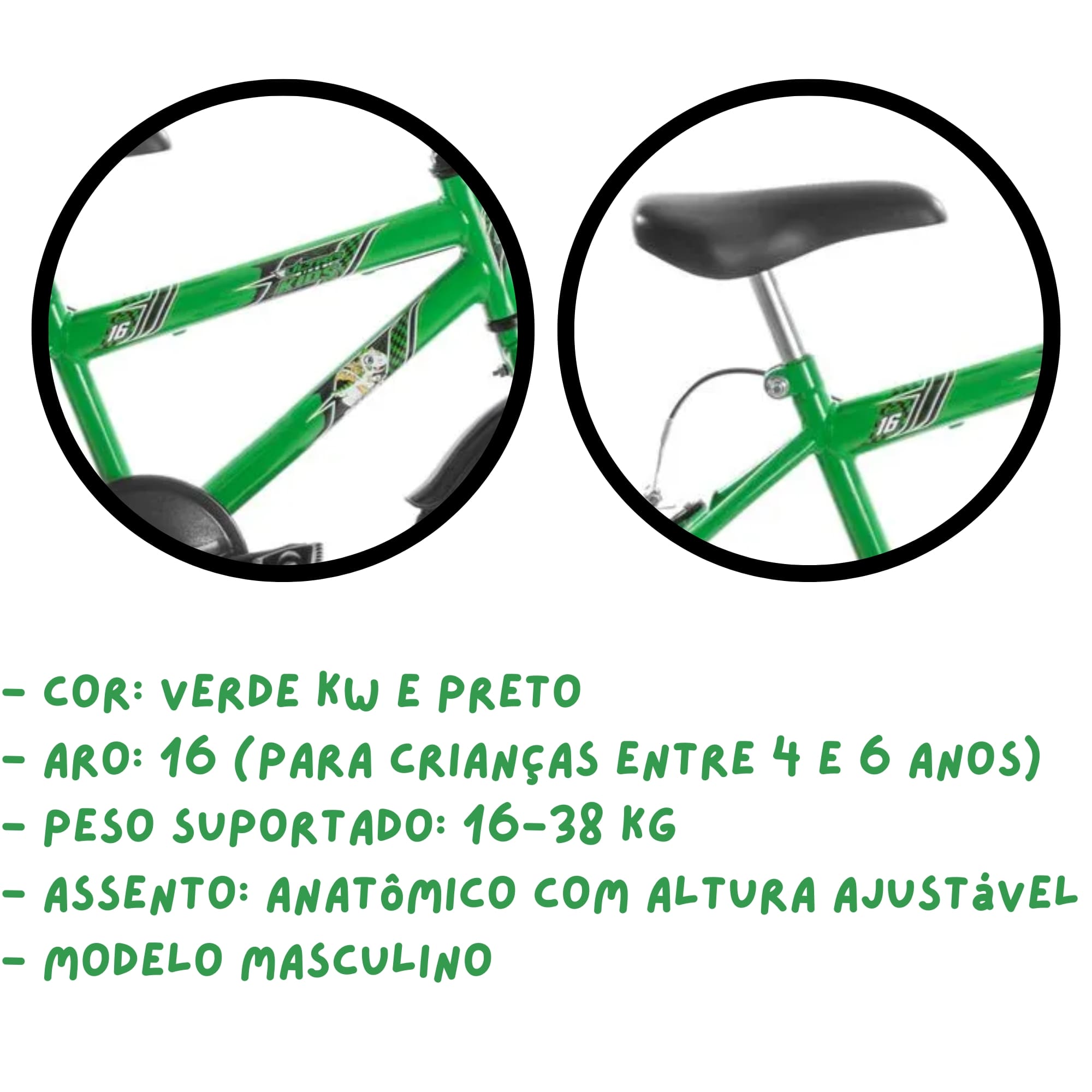 Bicicleta Infantil Masculina Verde e Preto Aro 16 de 4 a 6 anos com Buzina Ultrabikes BM16-01VKWPT