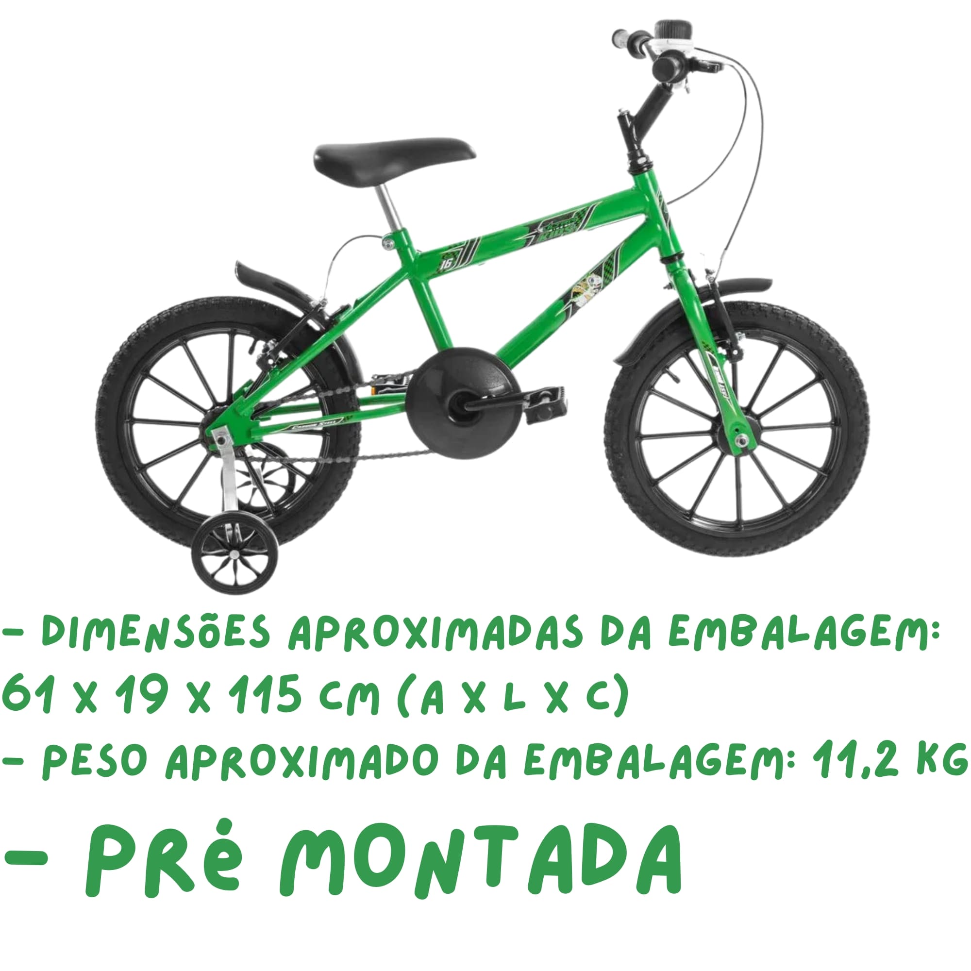 Bicicleta Infantil Masculina Verde e Preto Aro 16 de 4 a 6 anos com Buzina Ultrabikes BM16-01VKWPT