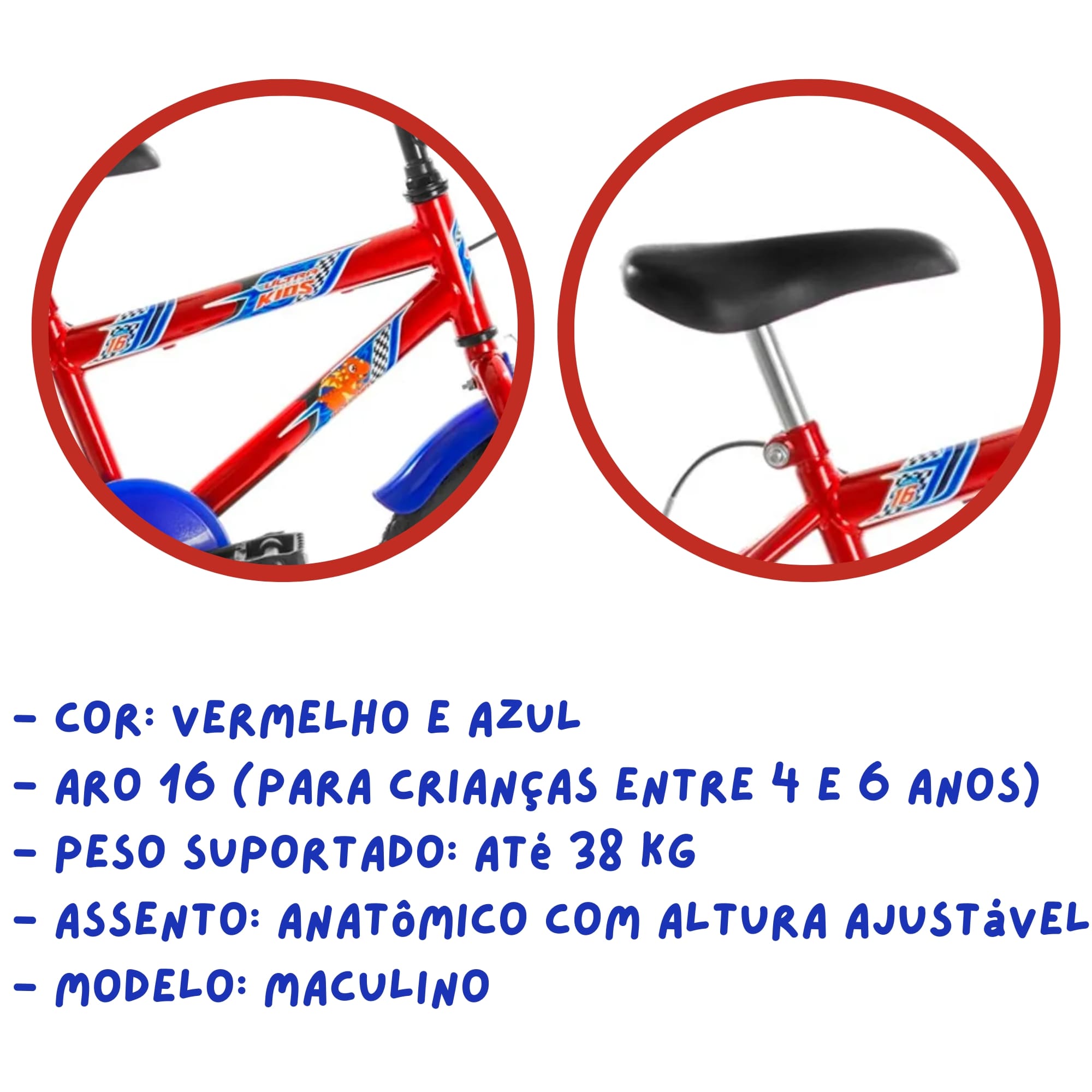 Bicicleta Infantil Masculina Vermelho e Azul Aro 16 de 4 a 6 anos Buzina Ultrabikes BM16-01VMAZ