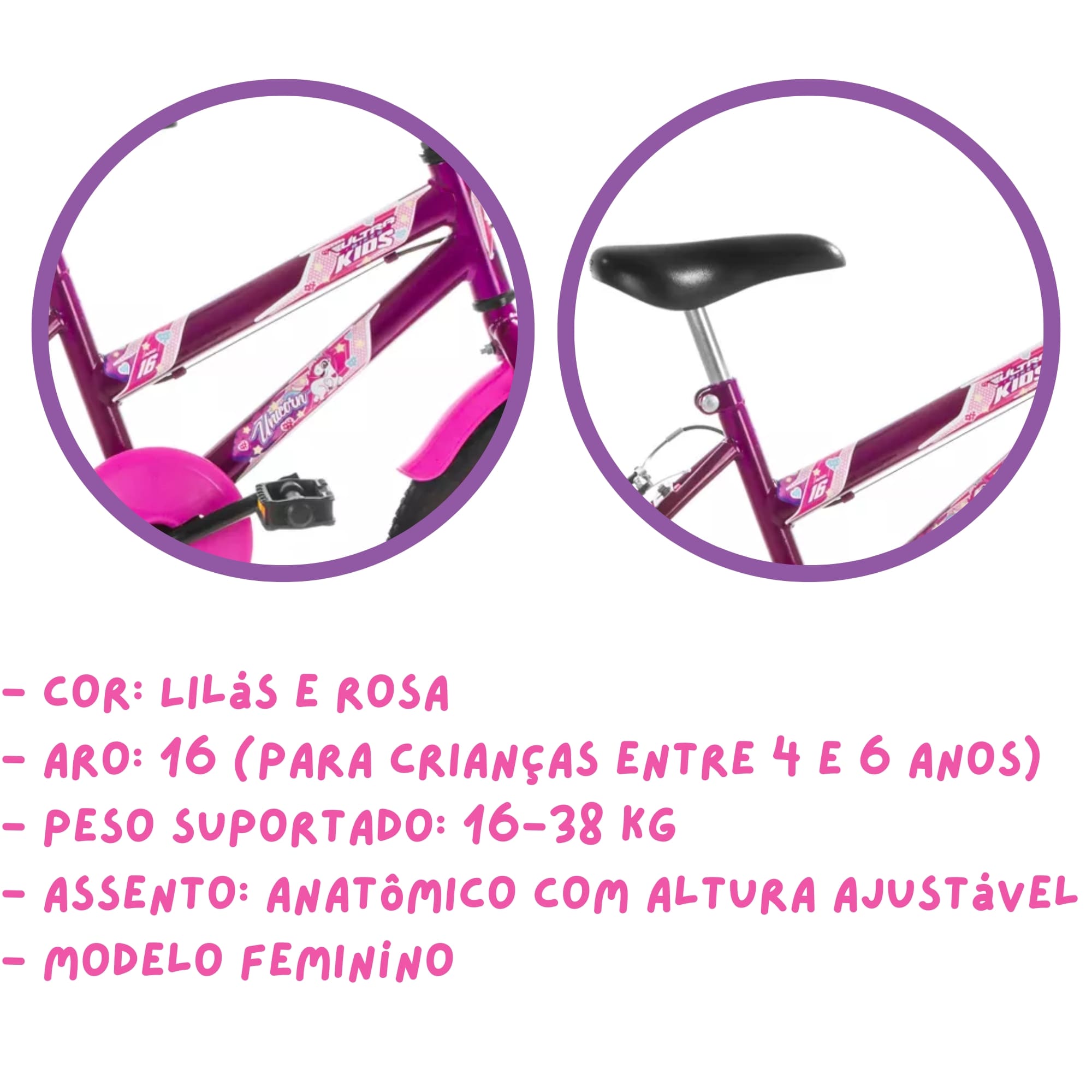 Bicicleta Infantil Lilás Rosa Aro 16 Crianças de 4 a 6 anos Cesta Buzina Ultrabikes BMF16-01LIRS