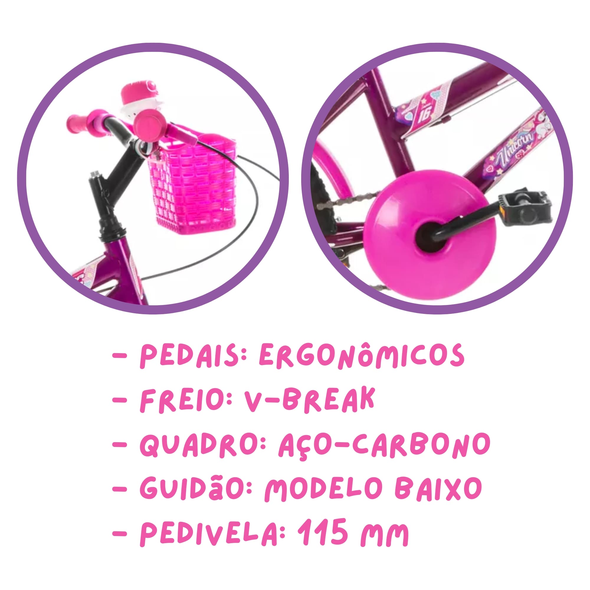 Bicicleta Infantil Lilás Rosa Aro 16 Crianças de 4 a 6 anos Cesta Buzina Ultrabikes BMF16-01LIRS