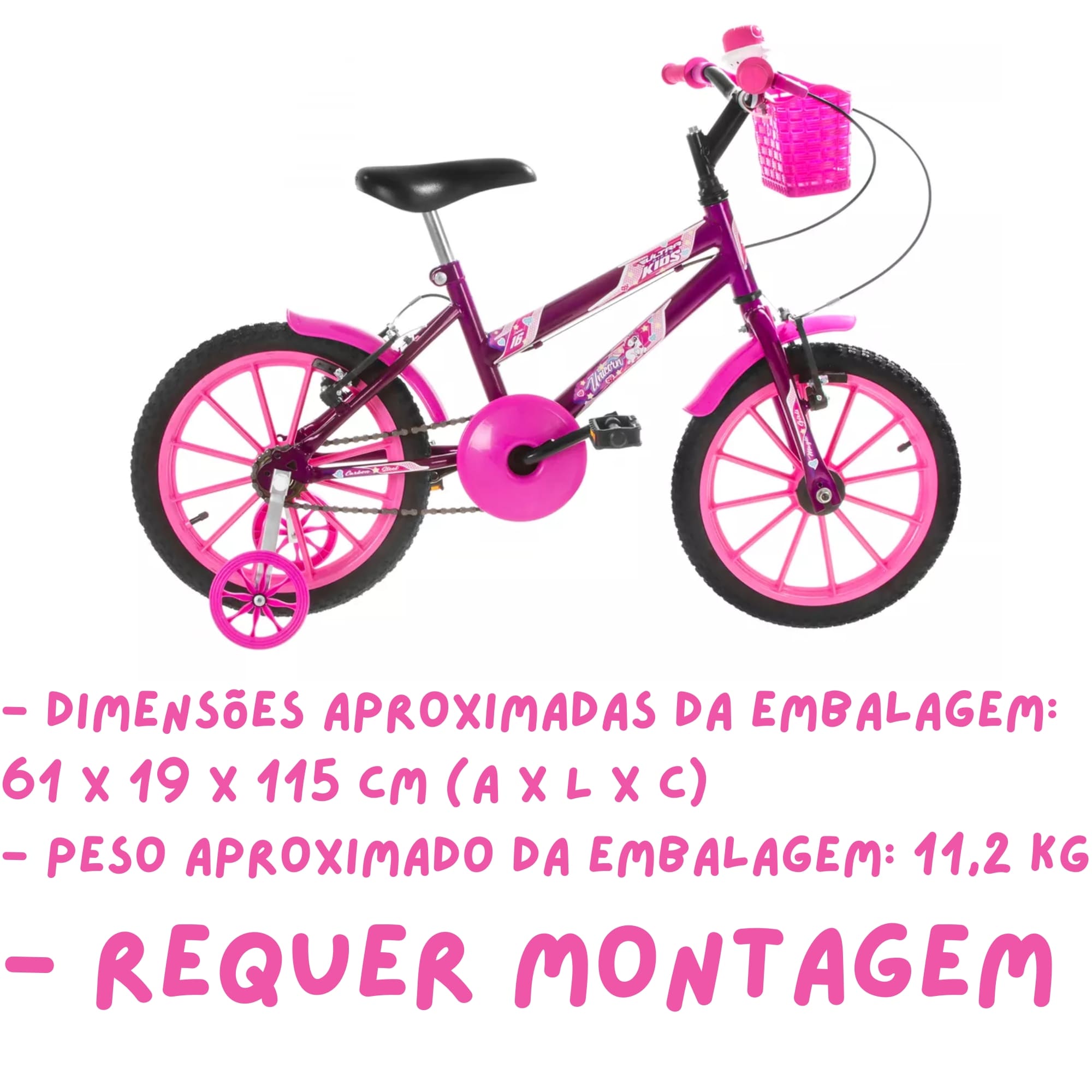 Bicicleta Infantil Lilás Rosa Aro 16 Crianças de 4 a 6 anos Cesta Buzina Ultrabikes BMF16-01LIRS