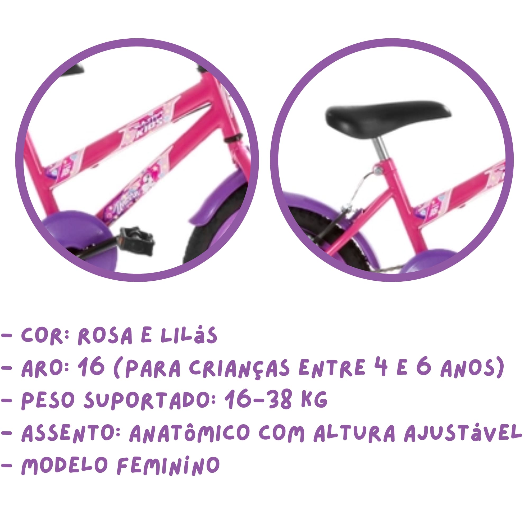 Bicicleta Infantil Rosa Aro 16 Crianças de 4 a 6 anos com Cesta e Buzina Ultrabikes BMF16-01RSLI