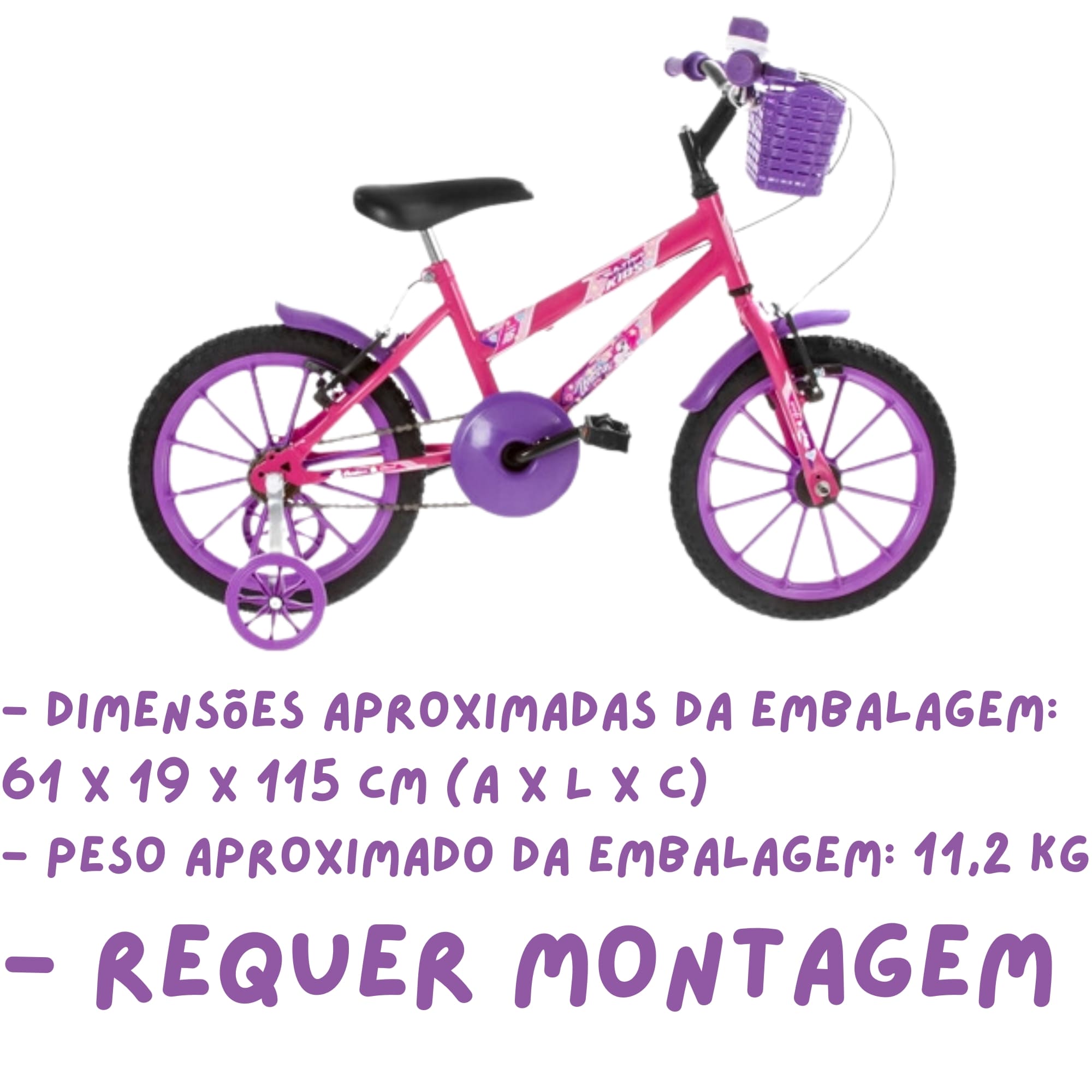 Bicicleta Infantil Rosa Aro 16 Crianças de 4 a 6 anos com Cesta e Buzina Ultrabikes BMF16-01RSLI