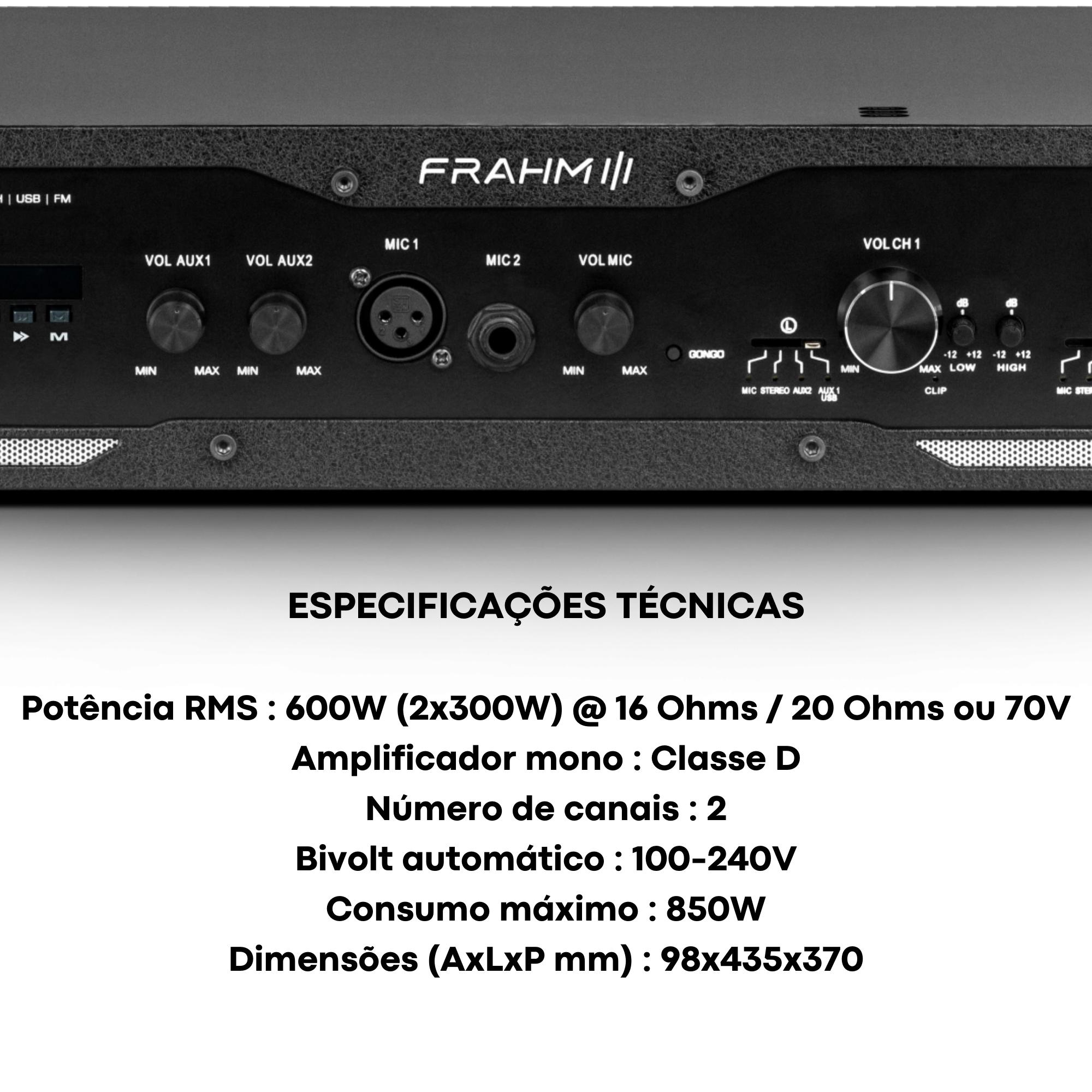 Amplificador Bivolt Automático GR 5000 BT G5 Potência 600W 2 Canais Classe D Frahm - 32318