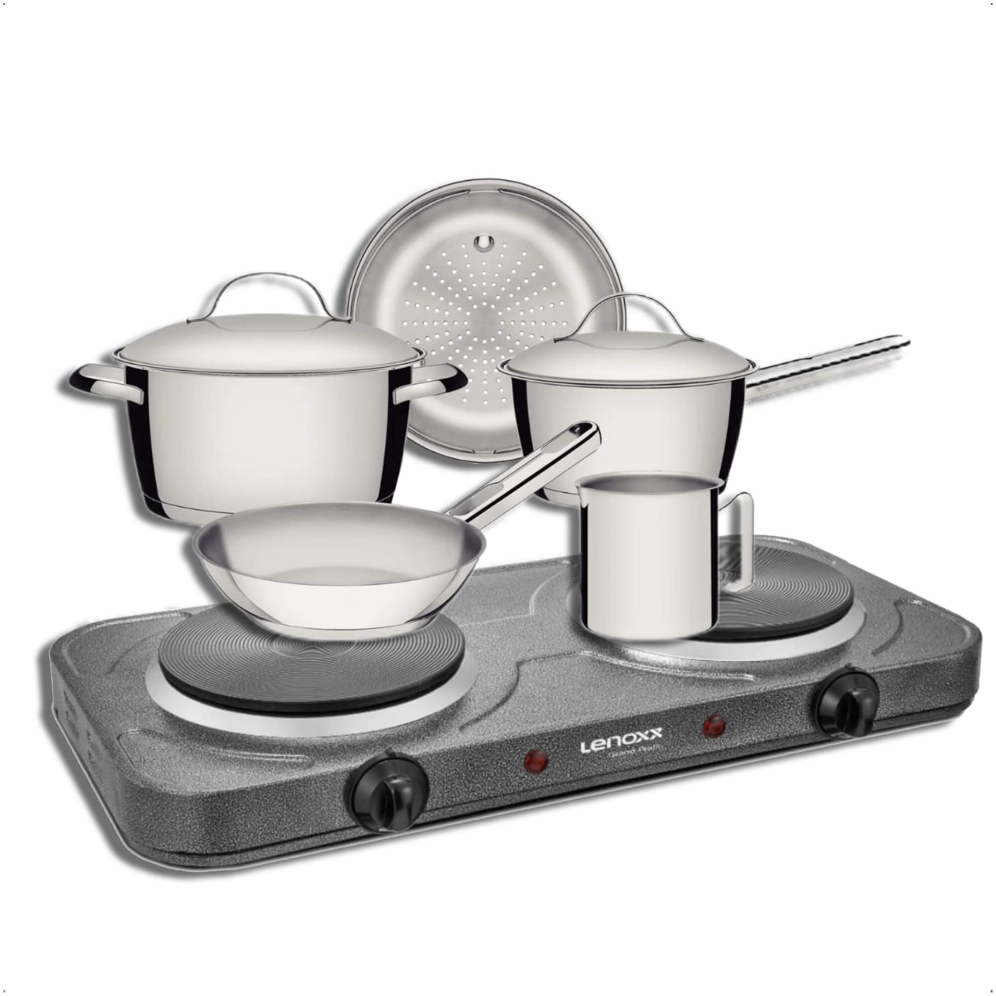 COMP Kit Conjunto de Panelas Aço Inox 4 Peças Allegra Tramontina + Fogão Elétrico 110V