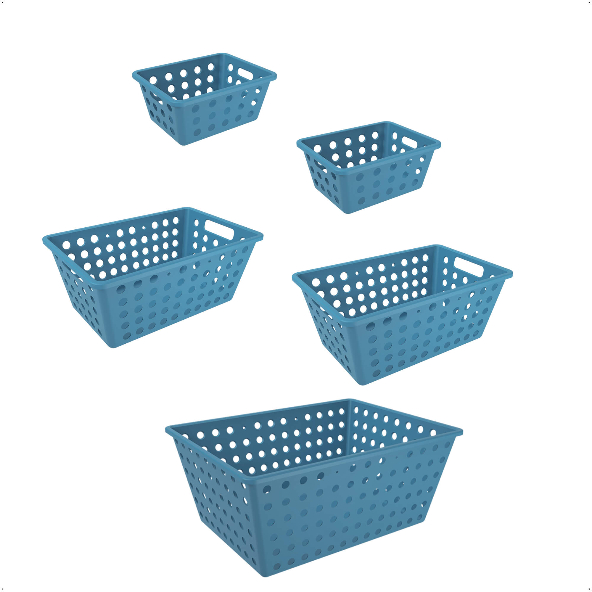 Kit 5 Cesto Organizadores   Multiuso Plástico Flora Ocean Coza Azul Pq Md Gd - BRINOX 99399/2533