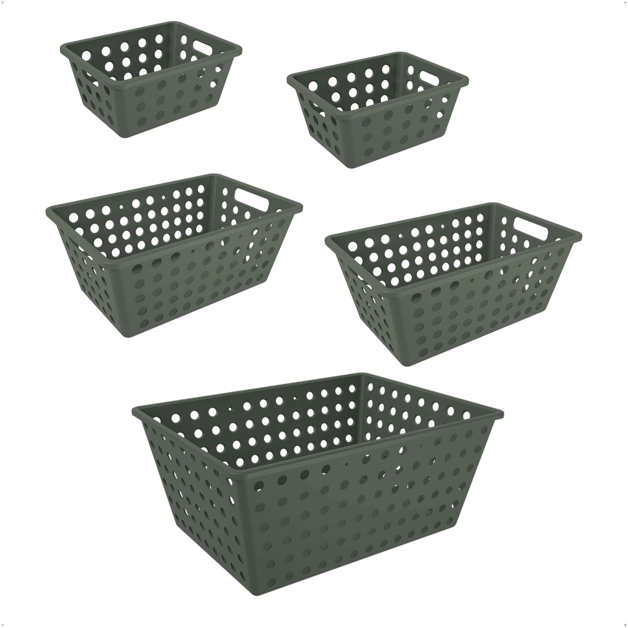 Kit 5 Cestos Organizadores Coza Multiuso Plástico Flora Verde  Pq Md Gd - BRINOX 99399/2530