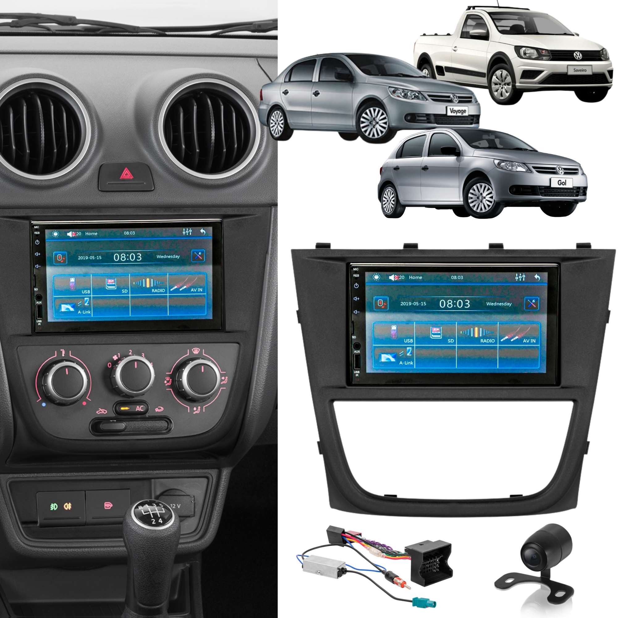 COMP Kit Gol G5 Central Multimídia MP5 2 Din 7" Bluetooth SD USB AUX Espelhamento + Câmera de ré  + Moldura + Chicotes