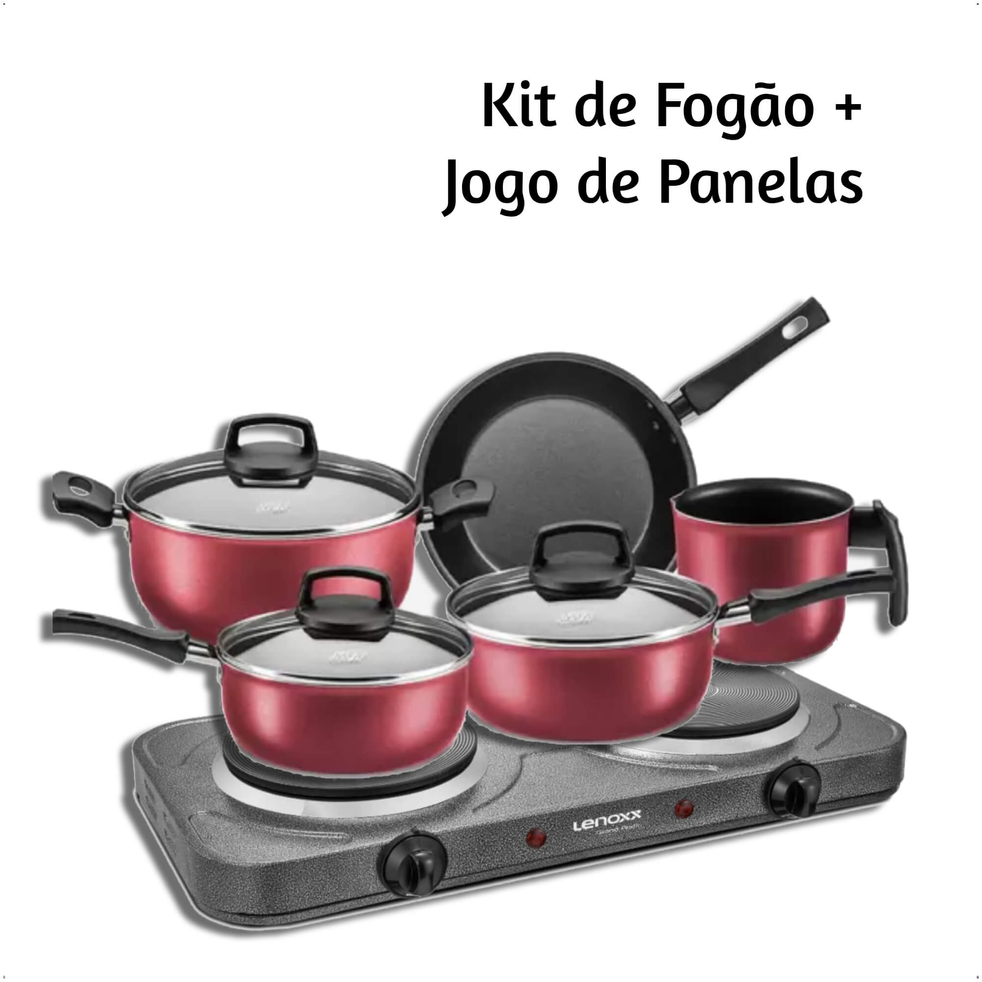 COMP Kit Fogão Elétrico Grand Pratic 2 Bocas 127V PFE353 - Lenoxx + Jogo de Panelas 5 Peças Cereja