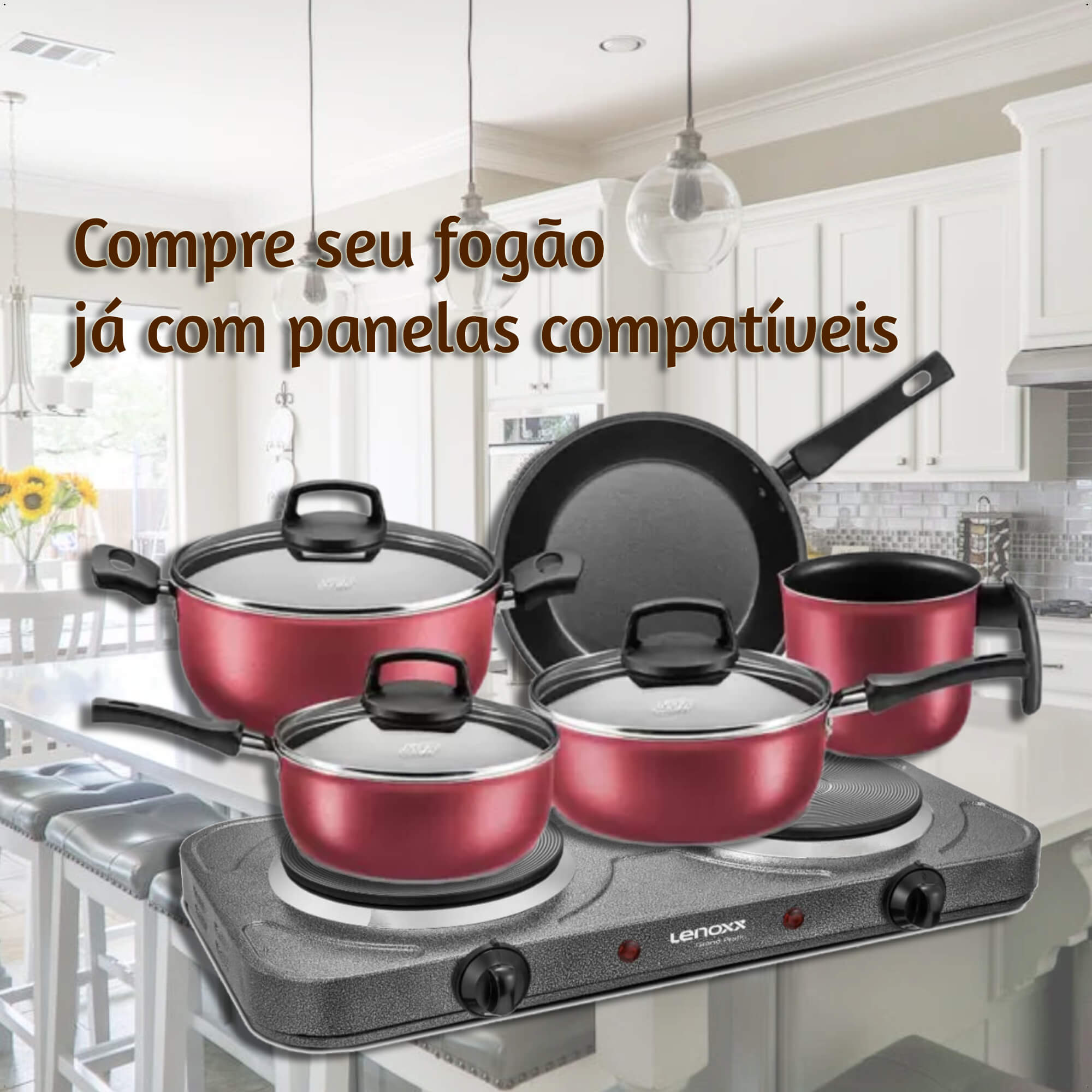 COMP Kit Fogão Elétrico Grand Pratic 2 Bocas 127V PFE353 - Lenoxx + Jogo de Panelas 5 Peças Cereja