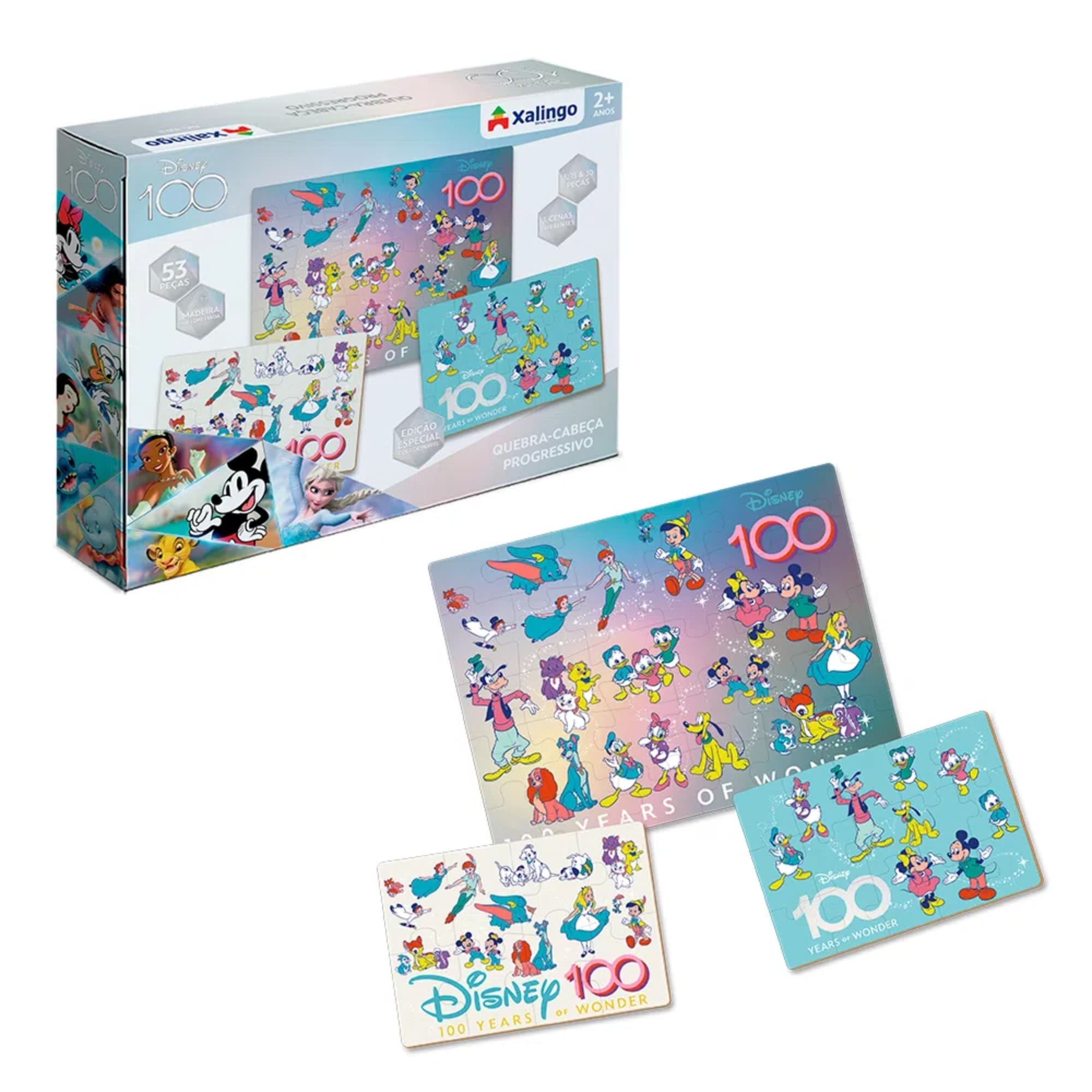 Jogo Quebra-Cabeça Progressivo Disney 100 anos Mickey e Minnie 53 Peças +2 Anos Xalingo - 13232