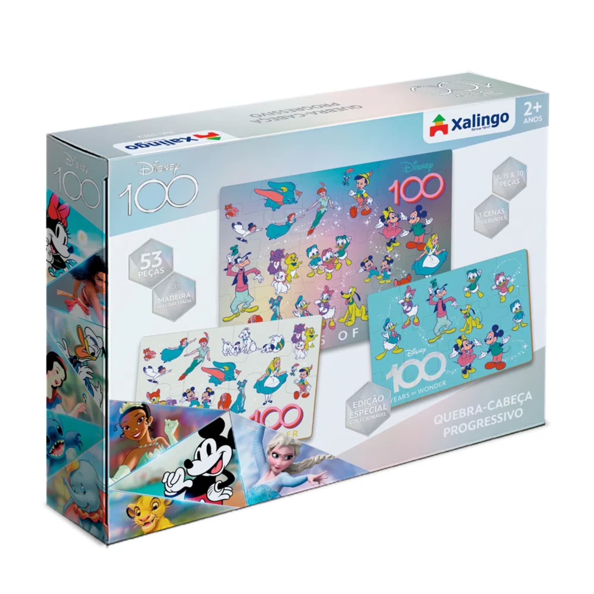 Jogo Quebra-Cabeça Progressivo Disney 100 anos Mickey e Minnie 53 Peças +2 Anos Xalingo - 13232