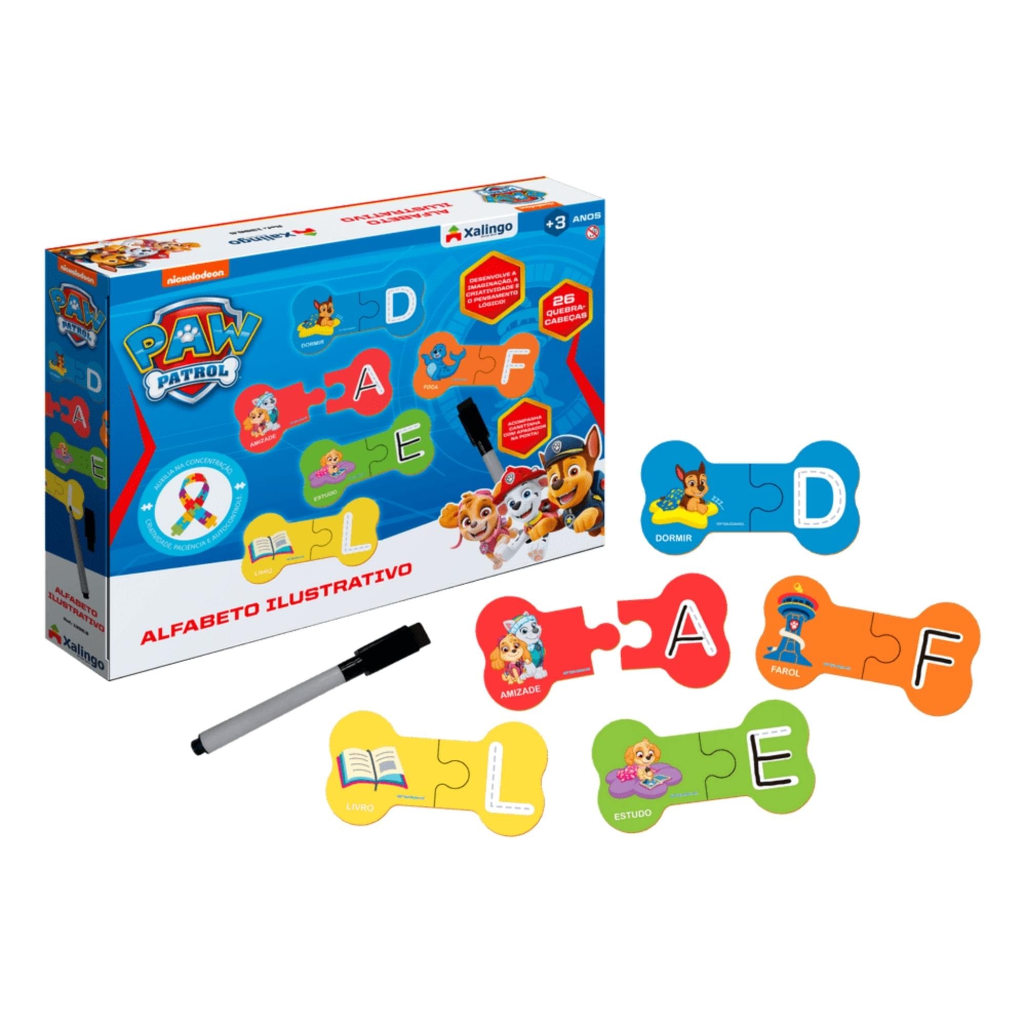 Jogo Infantil Alfabeto Ilustrativo Patrulha Canina 26 Peças p/ Crianças +3 Anos Xalingo - 13965