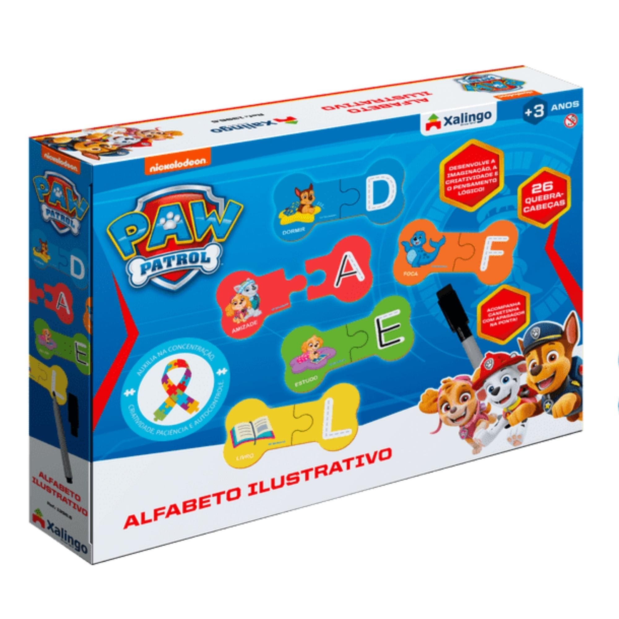 Jogo Infantil Alfabeto Ilustrativo Patrulha Canina 26 Peças p/ Crianças +3 Anos Xalingo - 13965