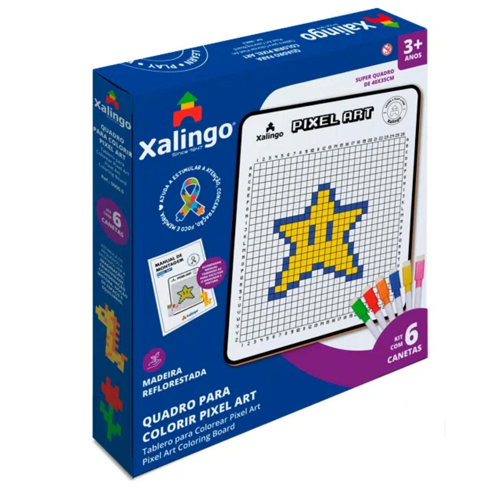 Brinquedo Quadro p/ Colorir Pixel Art II C/6 Canetas Coloridas e Apagador Crianças Xalingo 17665