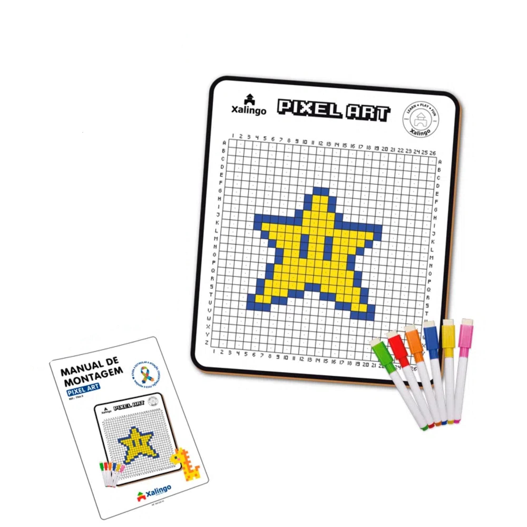 Brinquedo Quadro p/ Colorir Pixel Art II C/6 Canetas Coloridas e Apagador Crianças Xalingo 17665
