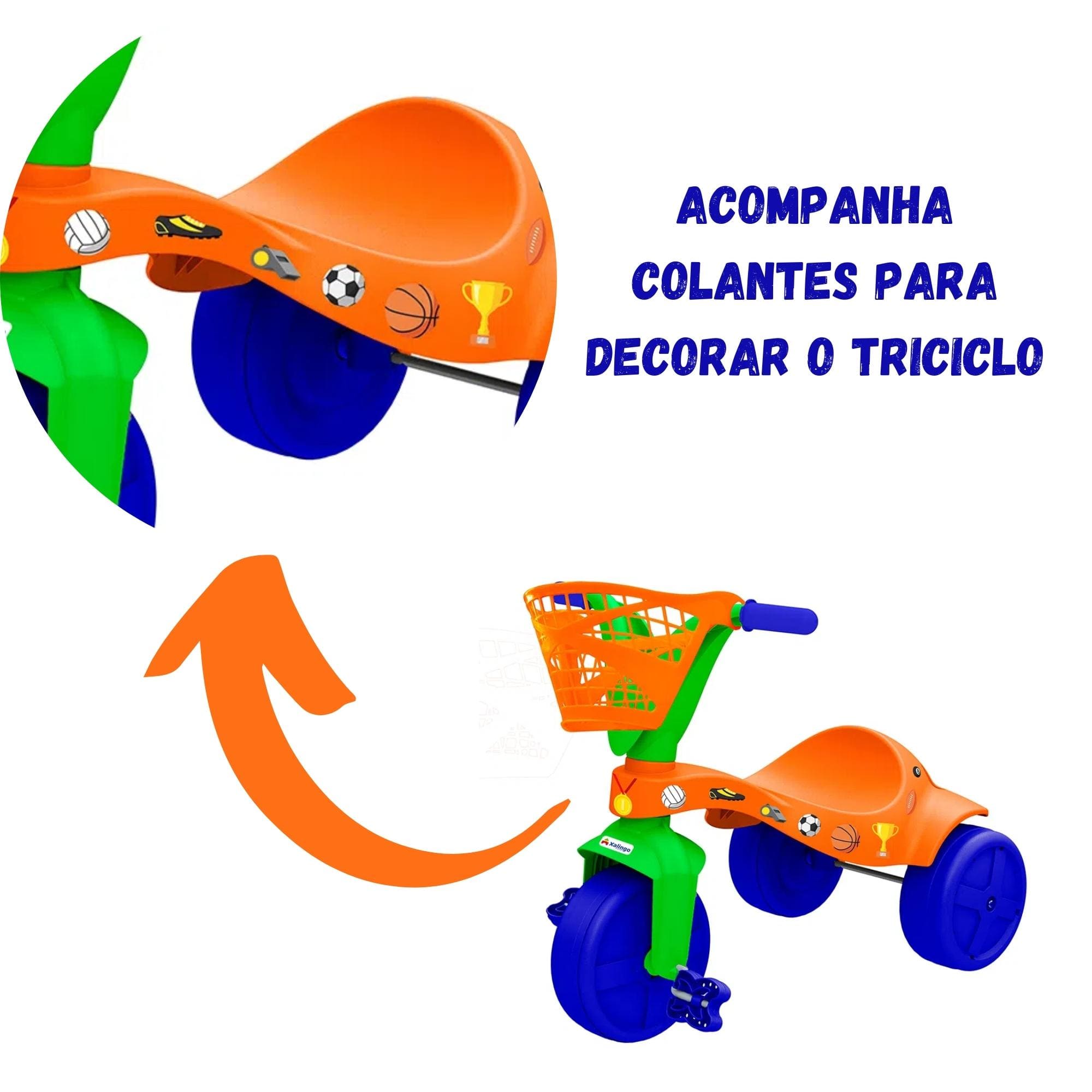 Triciclo Infantil Esportes Cestinha para Brinquedos Colantes Crianças +2 Anos Xalingo - 07252