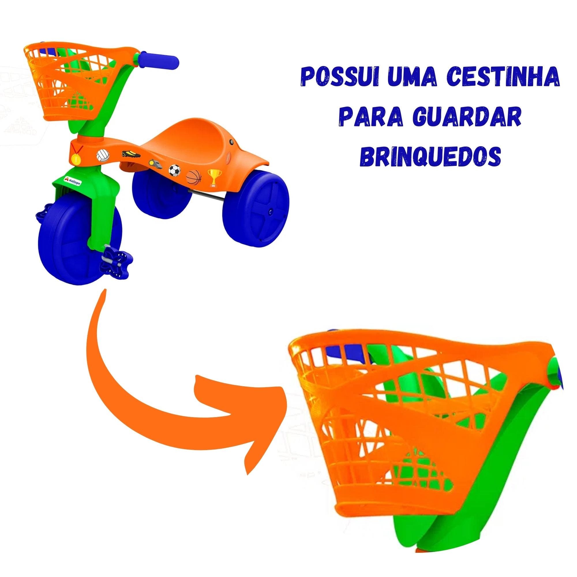 Triciclo Infantil Esportes Cestinha para Brinquedos Colantes Crianças +2 Anos Xalingo - 07252