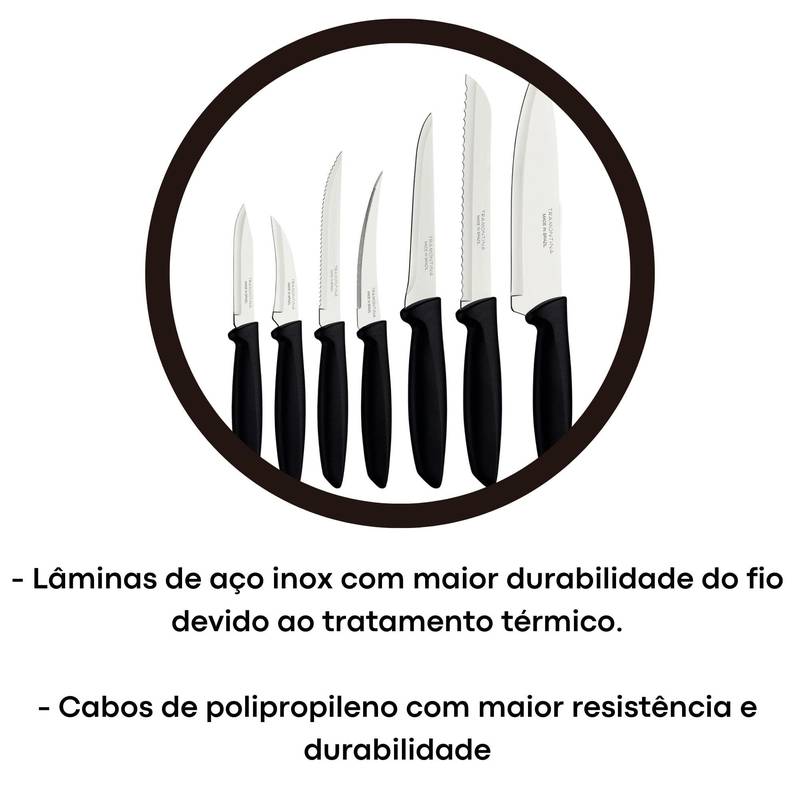 Jogo Facas Plenus com Lâminas Aço Inox Cabos de Polipropileno Preto 7 Peças Tramontina - 23498066
