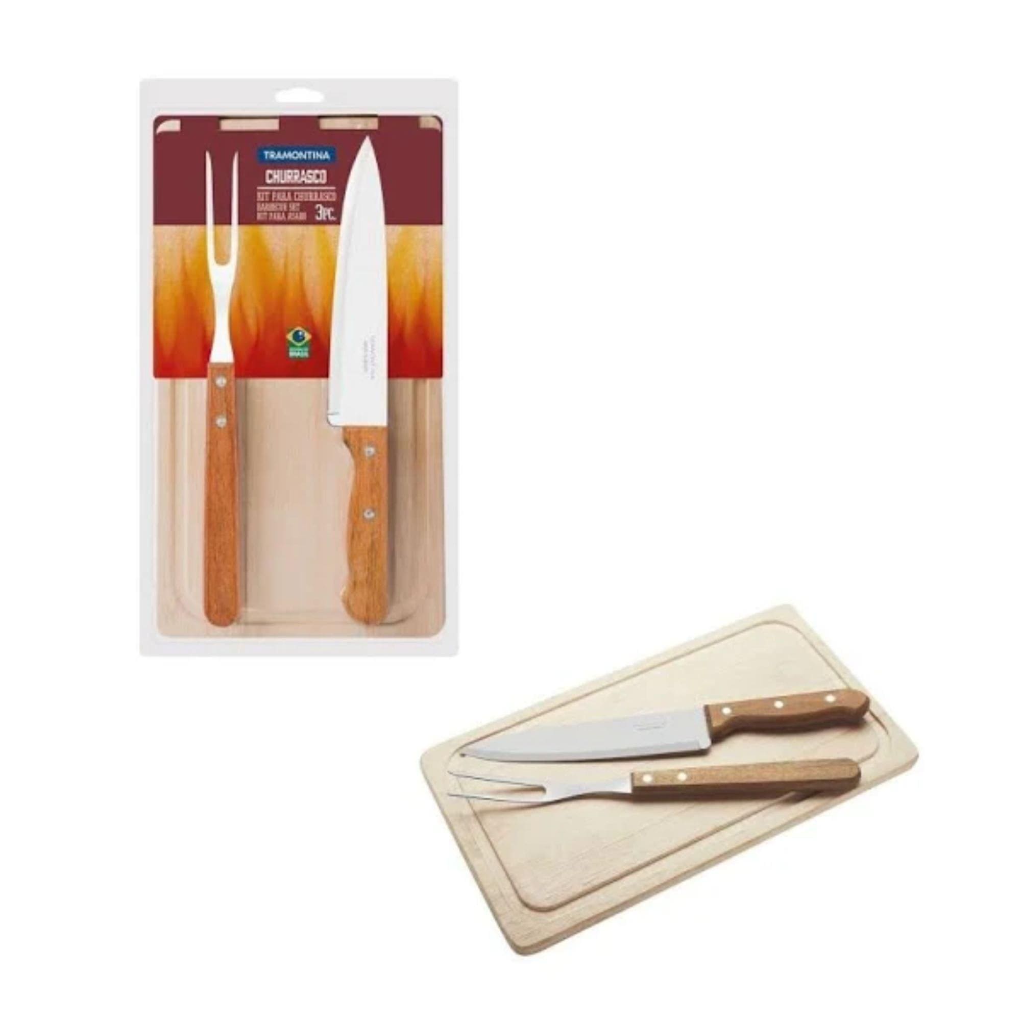 Kit Churrasco Lâmina Inox e Cabos em Madeira Natural 3 Peças Garfo Faca Tábua Tramontina 22399036
