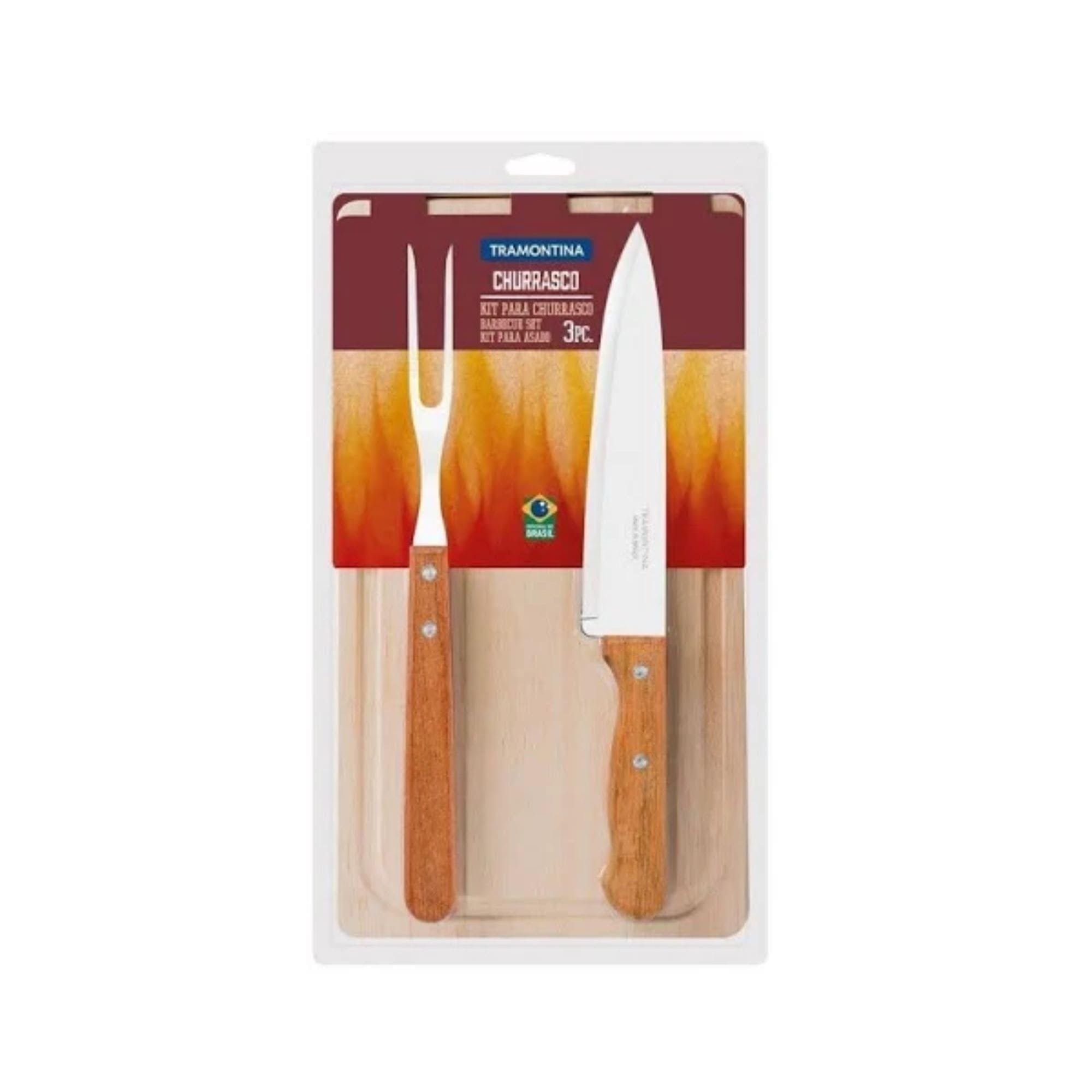 Kit Churrasco Lâmina Inox e Cabos em Madeira Natural 3 Peças Garfo Faca Tábua Tramontina 22399036