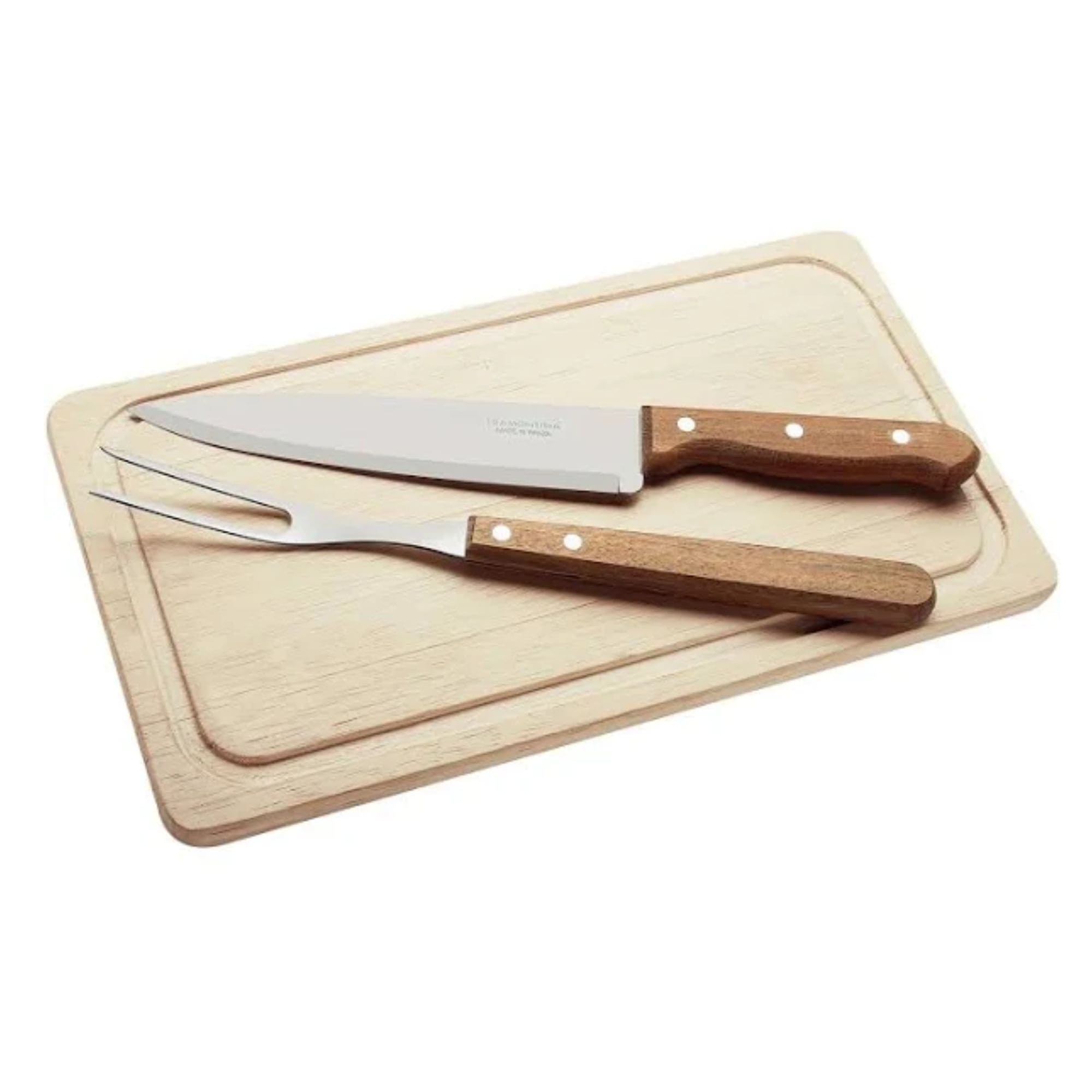 Kit Churrasco Lâmina Inox e Cabos em Madeira Natural 3 Peças Garfo Faca Tábua Tramontina 22399036
