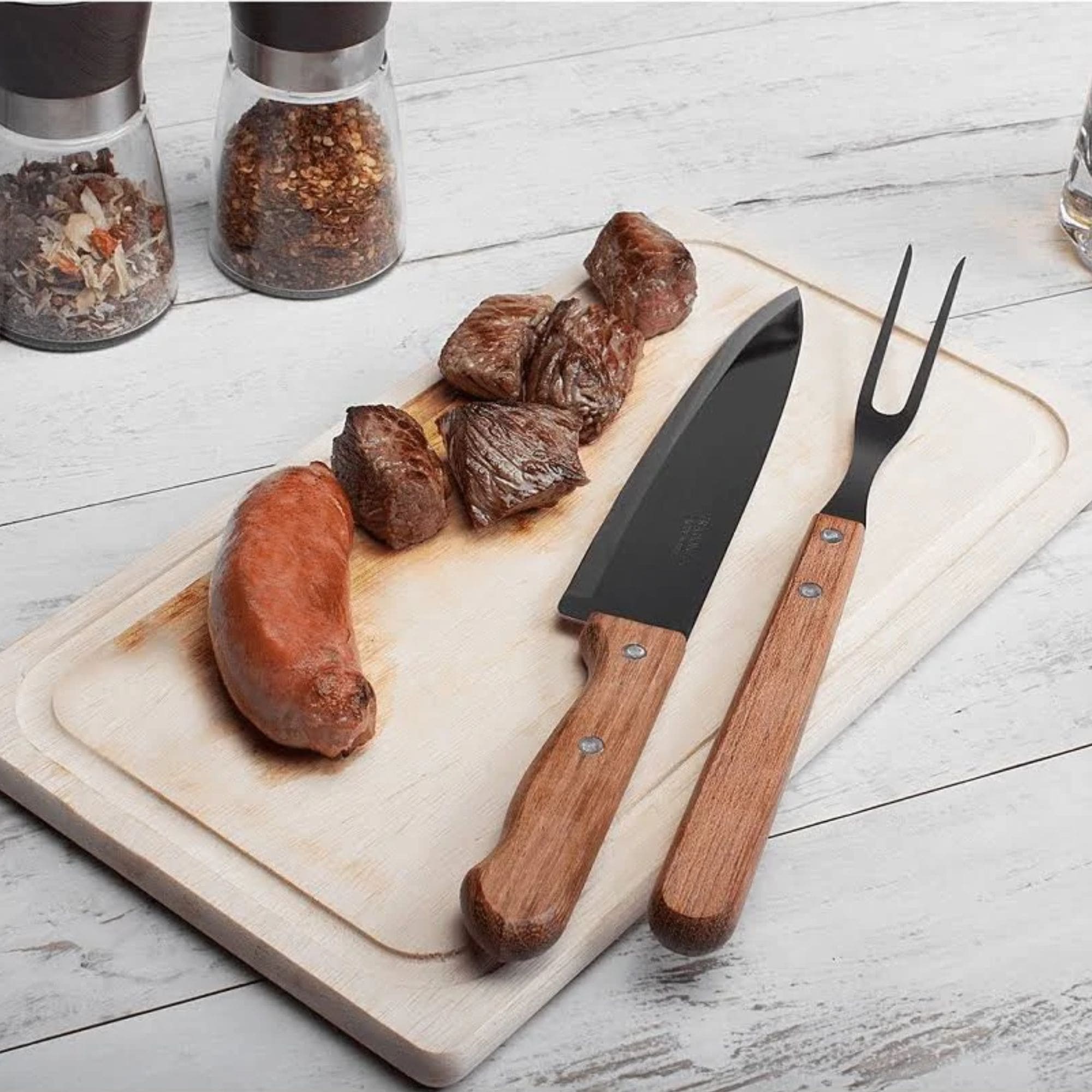 Kit Churrasco Lâmina Inox e Cabos em Madeira Natural 3 Peças Garfo Faca Tábua Tramontina 22399036