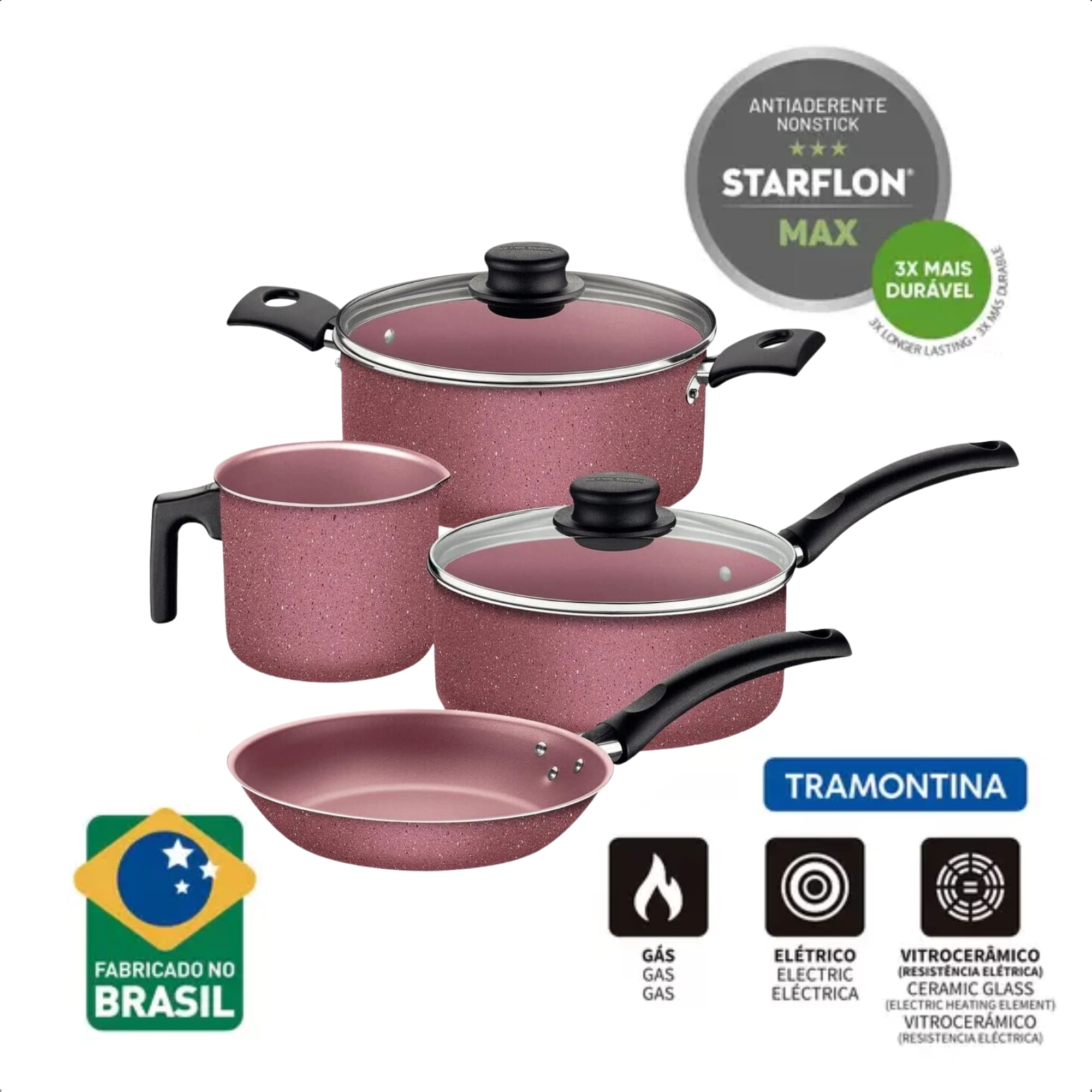 Jogo de Panelas 4 Peças Turim Alumínio Antiaderente Starflon Max Rosa Tramontina 20298444