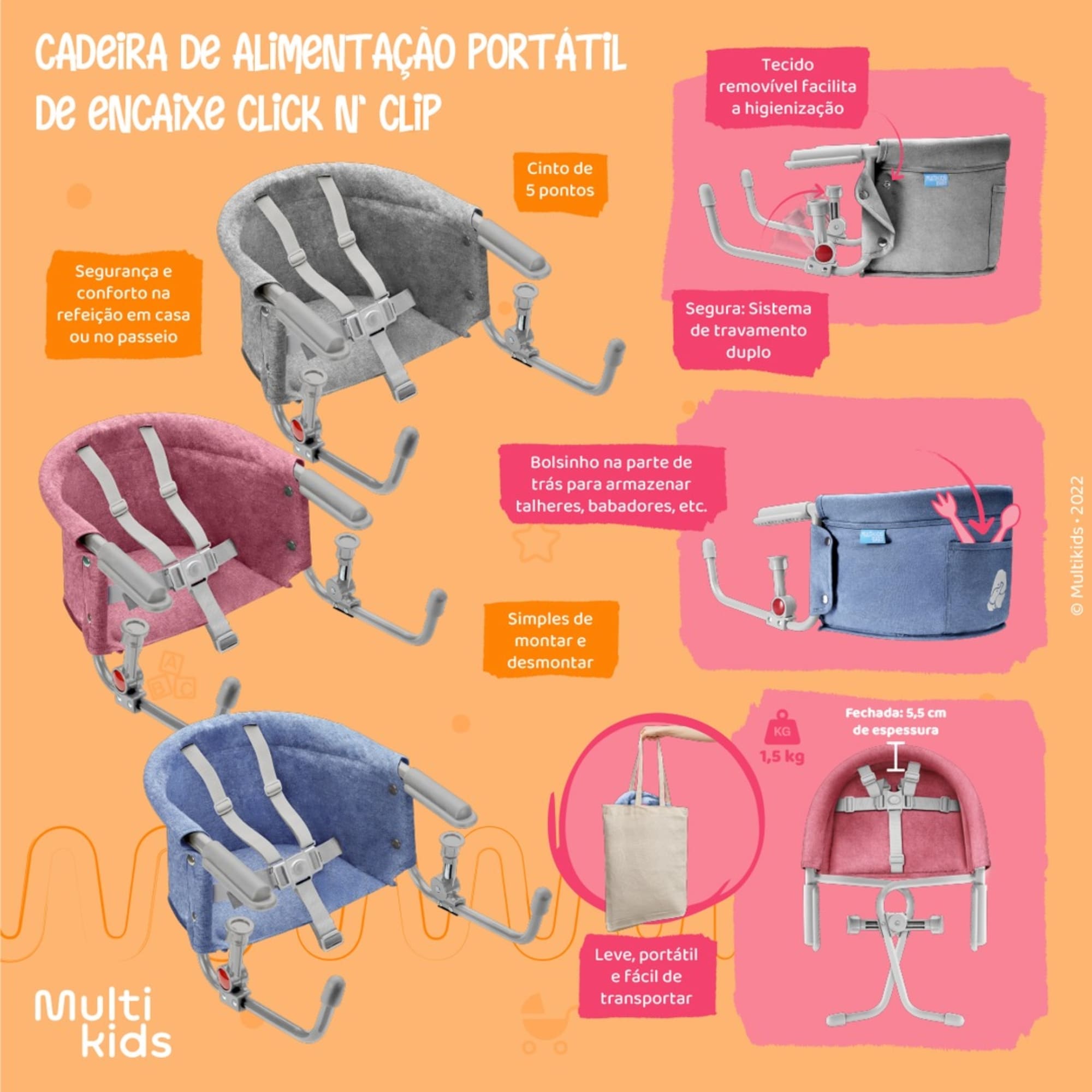 Cadeira de Alimentação p/ Bebe Encaixe em Mesa Azul 6 meses 15 Kg Multikids Baby - BB377