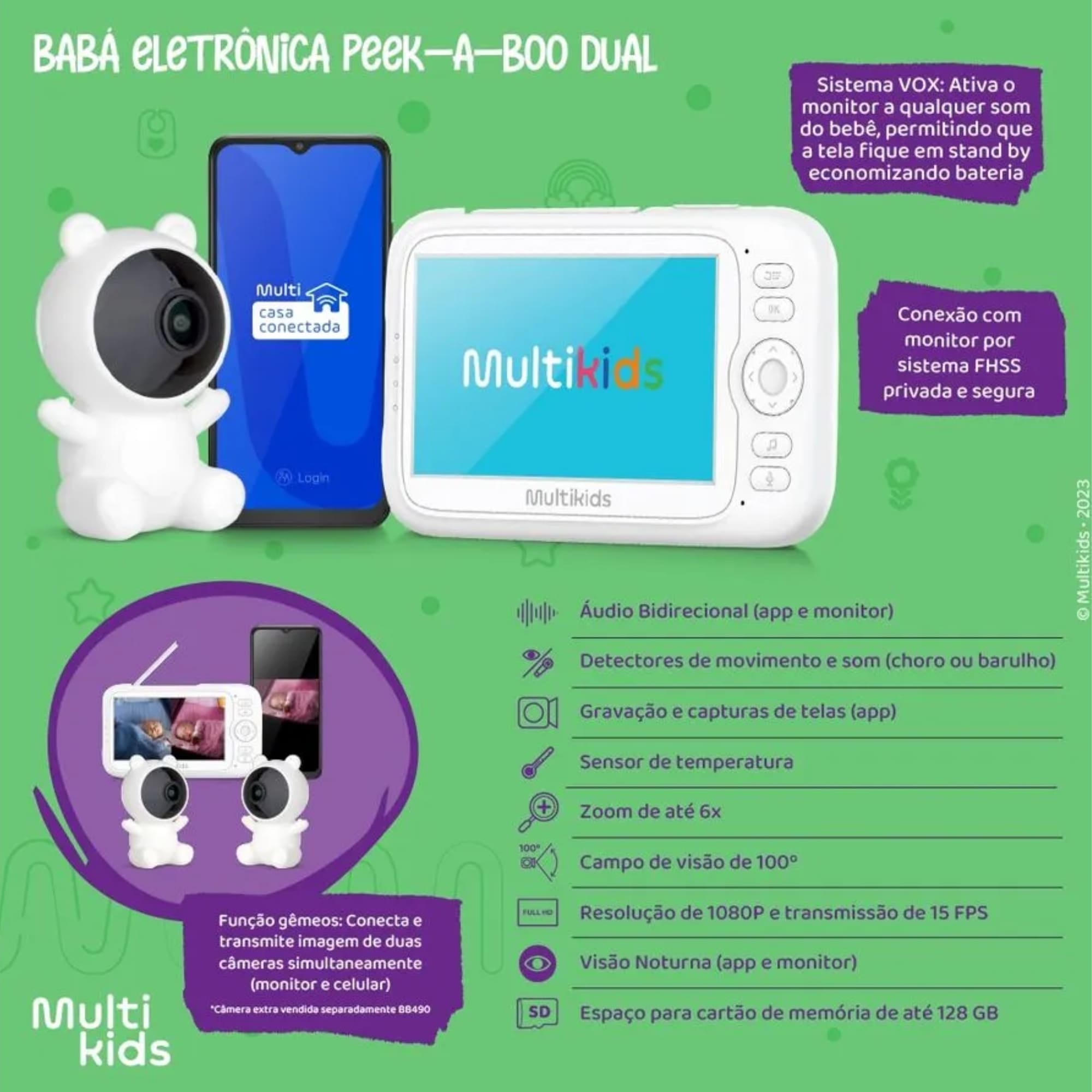 Babá Eletrônica Branca Peek-a-Boo Dual Monitor e Aplicativo Apenas para Uso Adulto Multikids - BB491