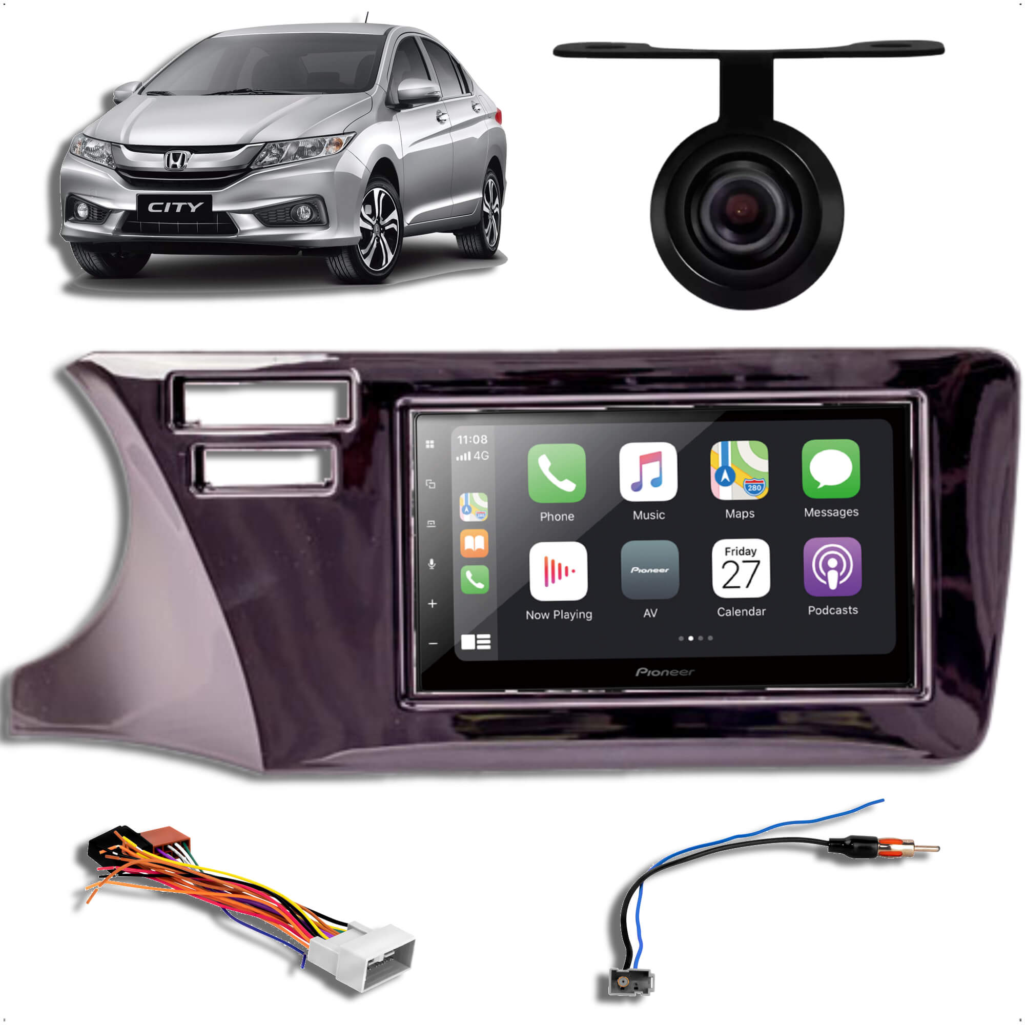 COMP Kit Central Multimídia 2 Din Pioneer DMH-Z5380TV + Moldura City 2015 até 2021 + Chicotes e Câmera de ré