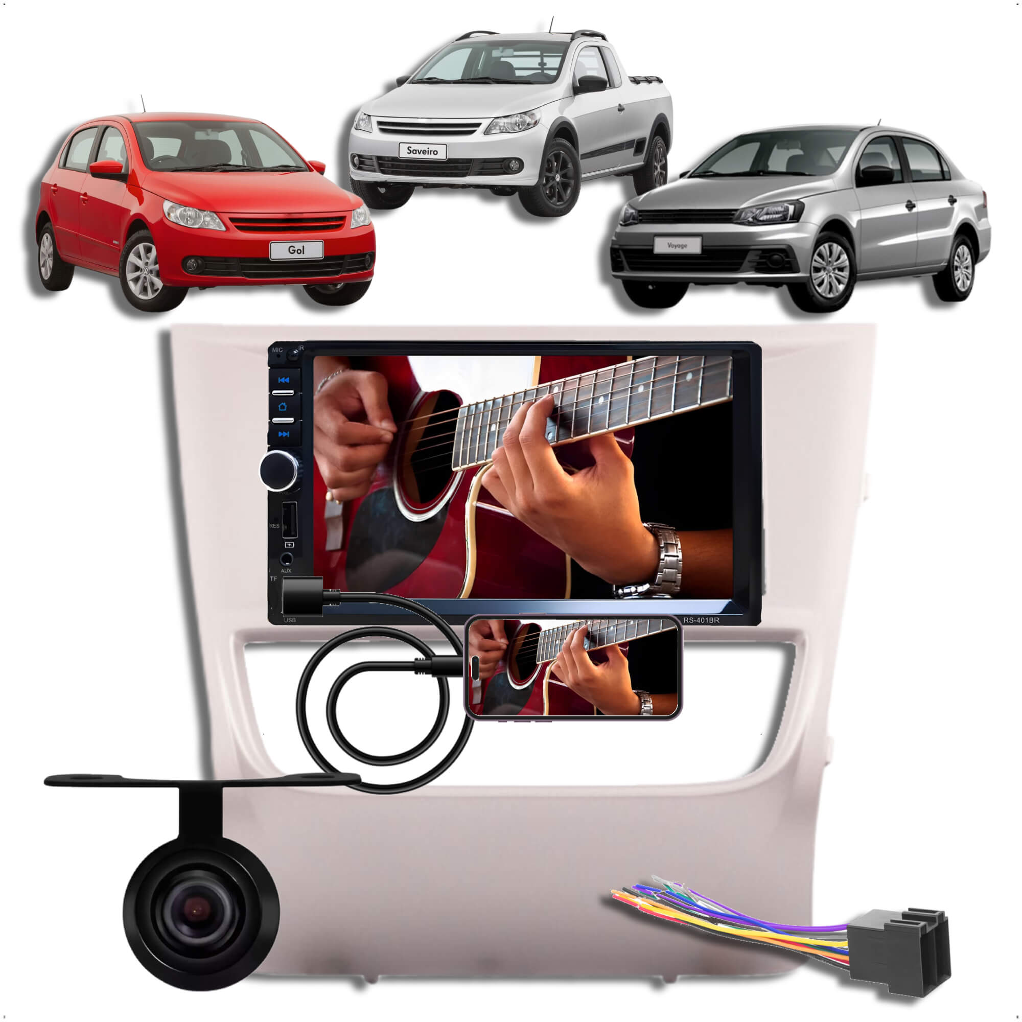 COMP Kit Multimídia 2 DIN MP5 Roadstar 7 Polegadas Full Touch + Moldura Gol/Voyage/Saveiro G6 + Chicote e Câmera de ré