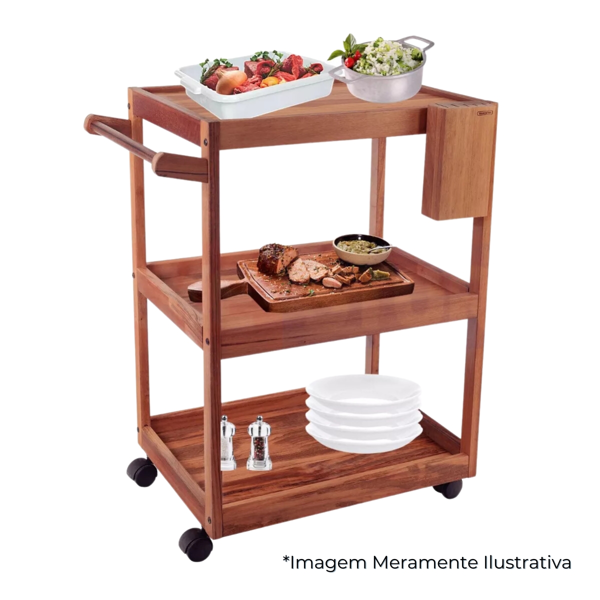 Carrinho/Bancada para Servir Churrasco Grande em Madeira Muiracatiara Cepo para Facas Envernizado Tramontina - 13611920