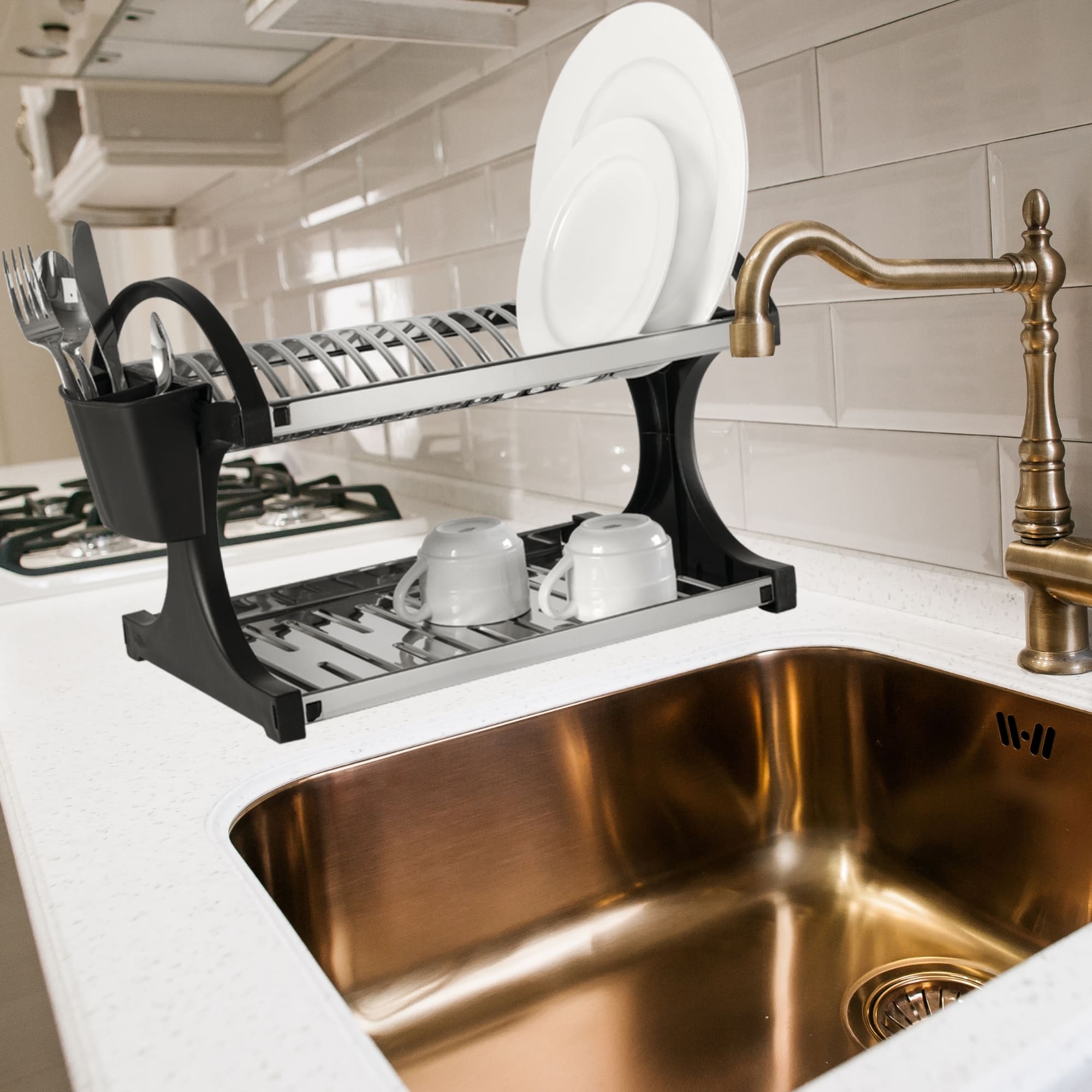 Escorredor de Louças Utilidades Suprema 16 Pratos em Aço Inox e PP Preto Brinox - 2104/211