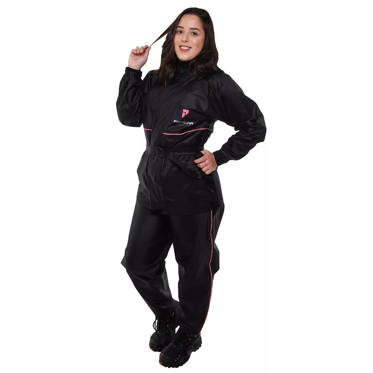 Conjunto Capa de Chuva Com Capuz Feminino e Masculino Preto Impermeável Motoqueiro Nylon 0,20mm Pioneira - 1101 Modelo:F