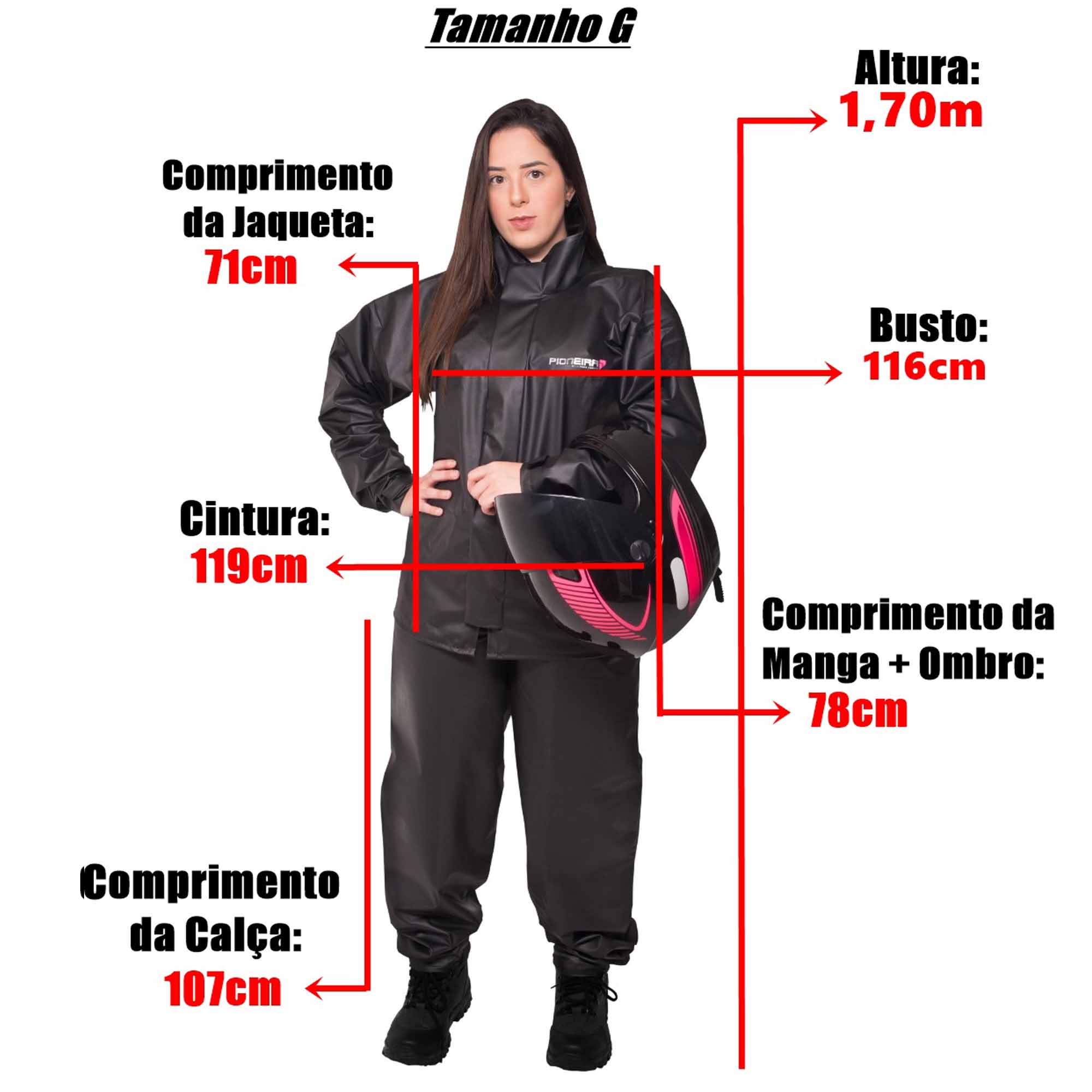 Conjunto Capa de Chuva Pvc Combate c/ Capuz Preto Refletiva Resistente Zíper Pioneira 2901 Modelo:Feminino G