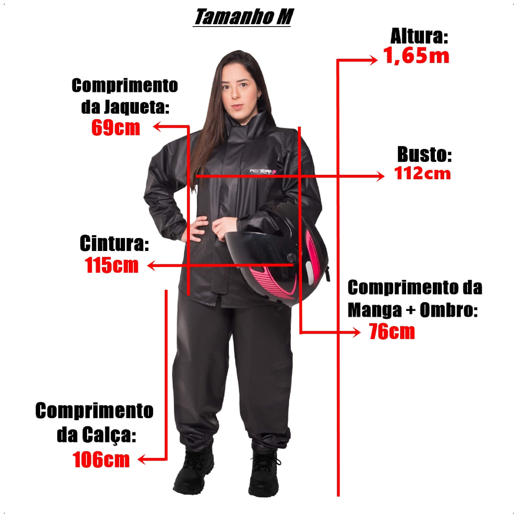 Conjunto Capa de Chuva Pvc Combate c/ Capuz Preto Refletiva Resistente Zíper Pioneira 2901 Modelo:Feminino M