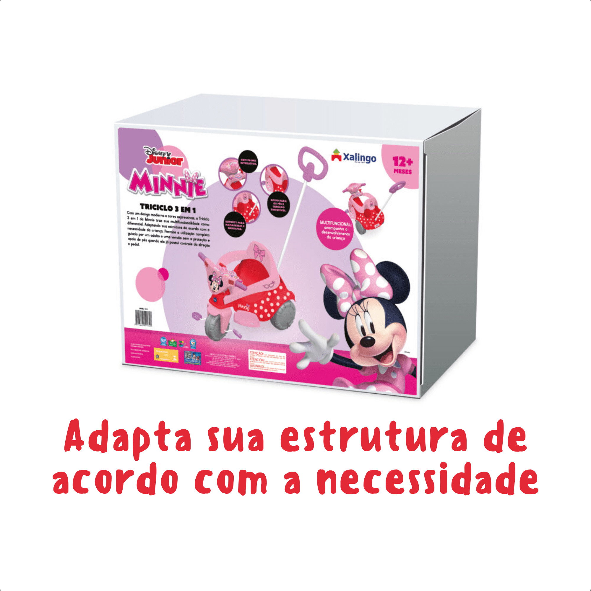 Triciclo Infantil Minnie Disney 3 em 1 Adaptável Cor Rosa e Vermelho até 30kg Xalingo - 07251