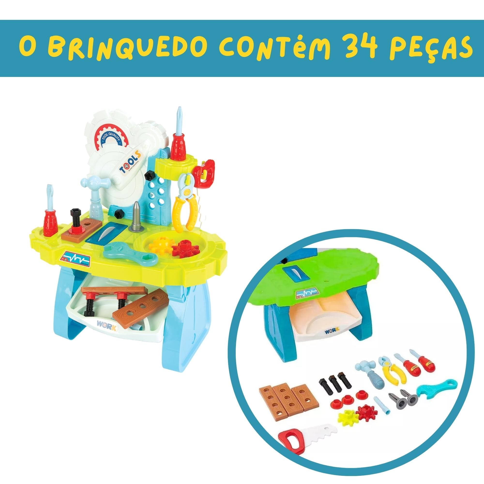 Brinquedo Mesa de Ferramentas 34 Peças Azul Recomendado para Crianças a Partir de 3 Anos Fenix Brinquedos - MES-563