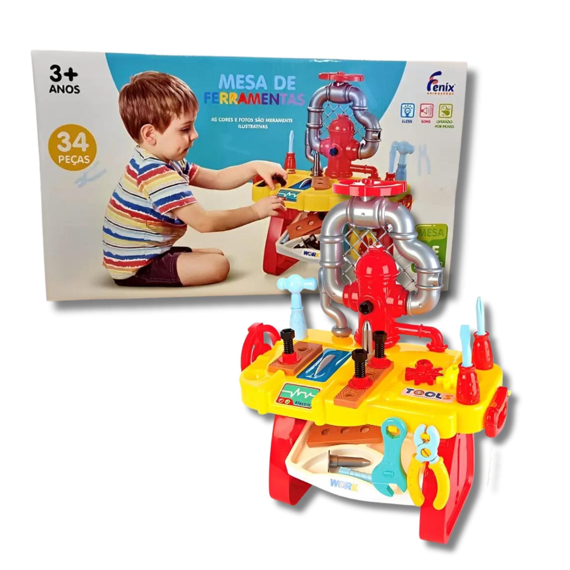 Brinquedo Mesa de Ferramentas 34 Peças Vermelho p/ Crianças 3+ Anos Fenix Brinquedos - MES-564