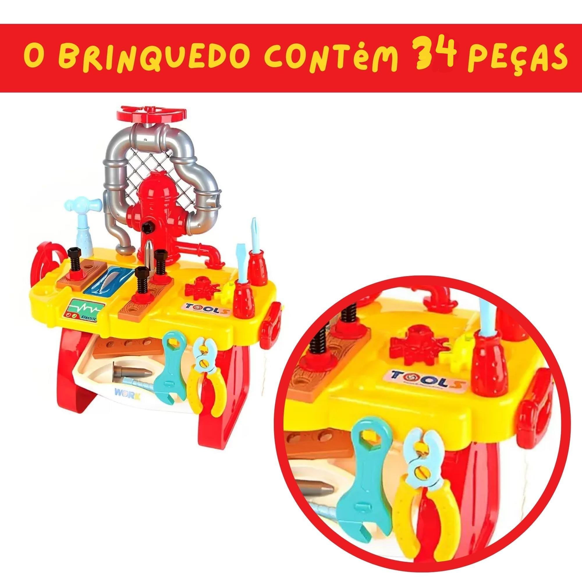Brinquedo Mesa de Ferramentas 34 Peças Vermelho p/ Crianças 3+ Anos Fenix Brinquedos - MES-564