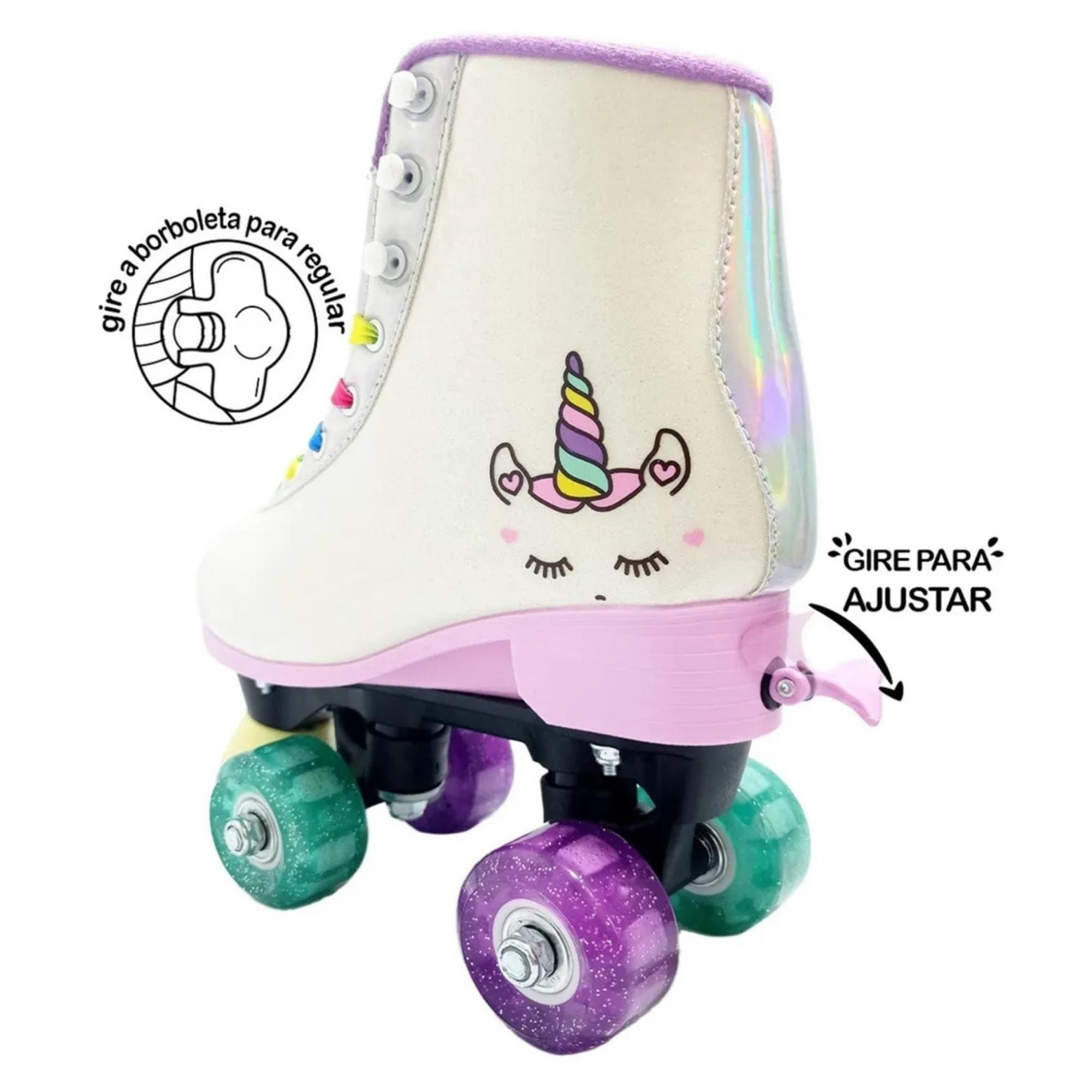 Par de Patins Luz 4 Rodas Ajustáveis Tamanho 31-34 Rosa Unicórnio Brinquedos? Suporta 70Kg-RL-08