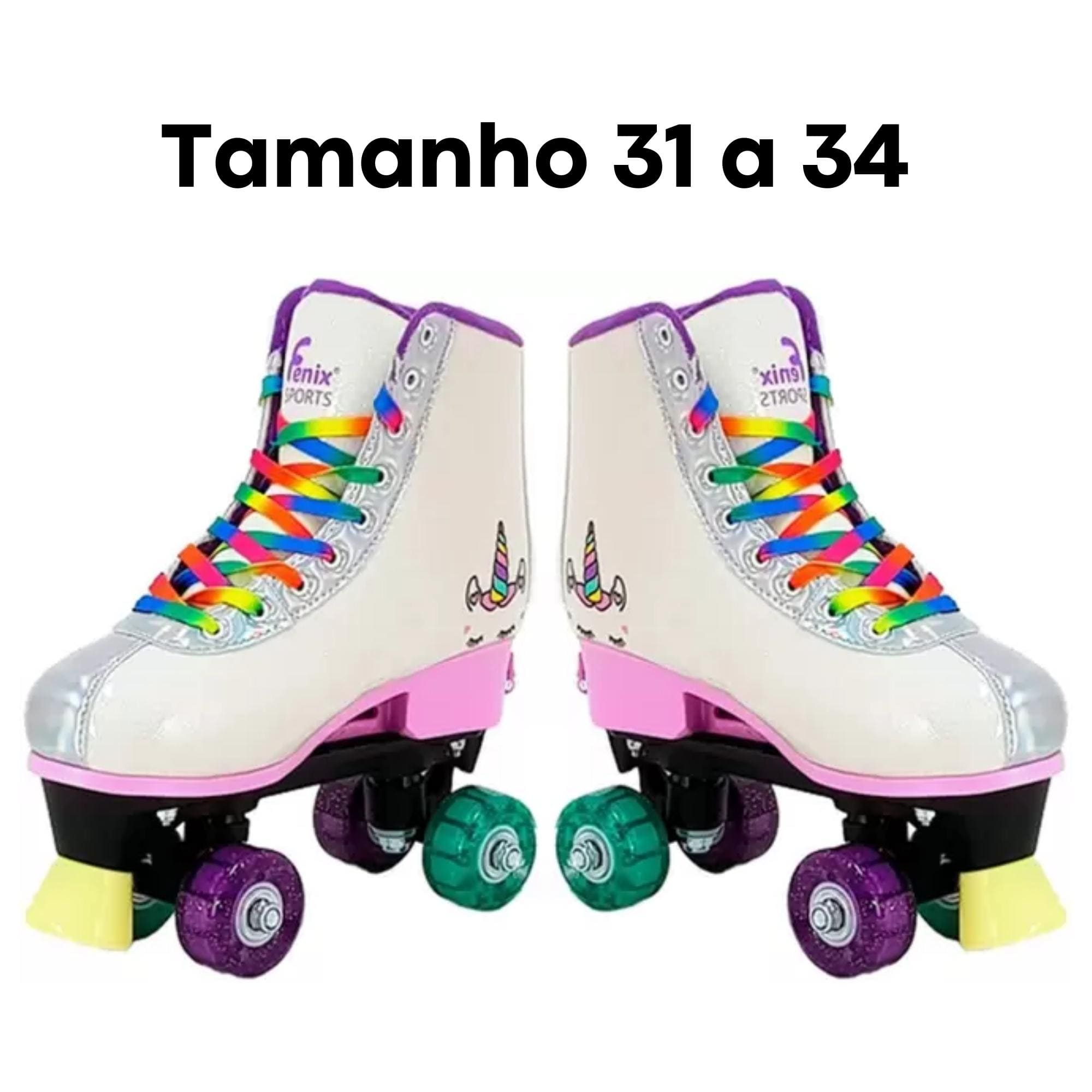 Par de Patins Luz 4 Rodas Ajustáveis Tamanho 31-34 Rosa Unicórnio Brinquedos? Suporta 70Kg-RL-08