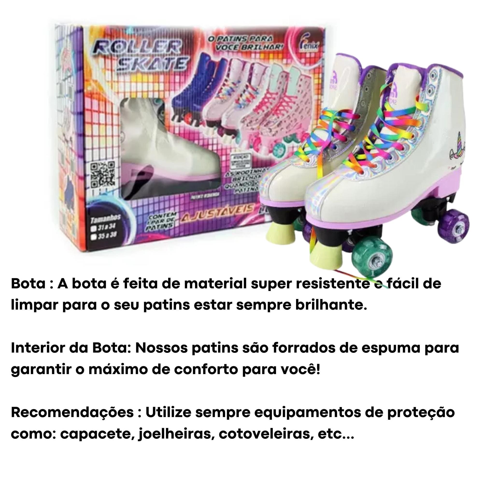 Par de Patins Luz 4 Rodas Ajustáveis Tamanho 31-34 Rosa Unicórnio Brinquedos? Suporta 70Kg-RL-08