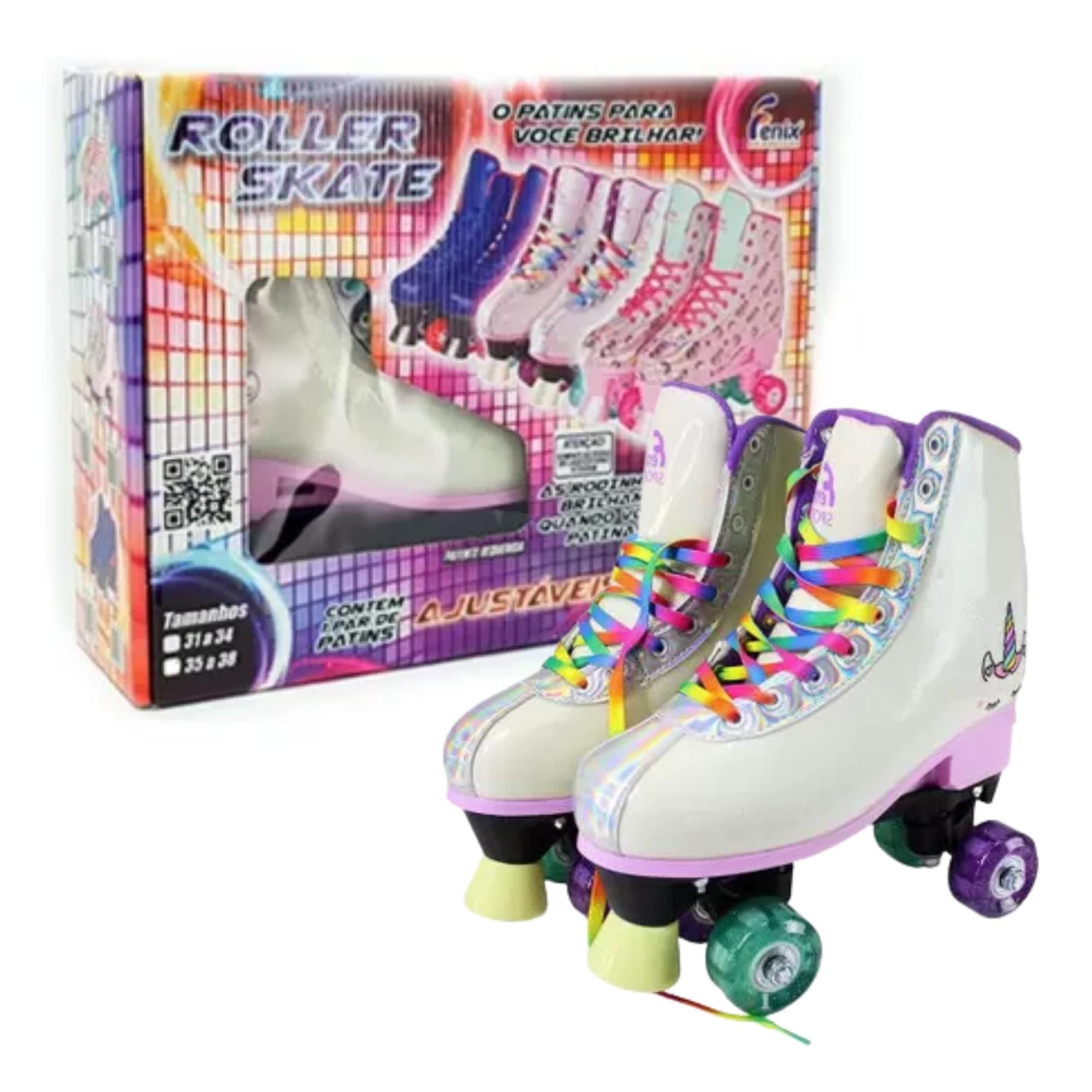 Par de Patins Luz 4 Rodas Ajustáveis Tamanho 35-38 Rosa Unicórnio Fenix Brinquedos - RL-08