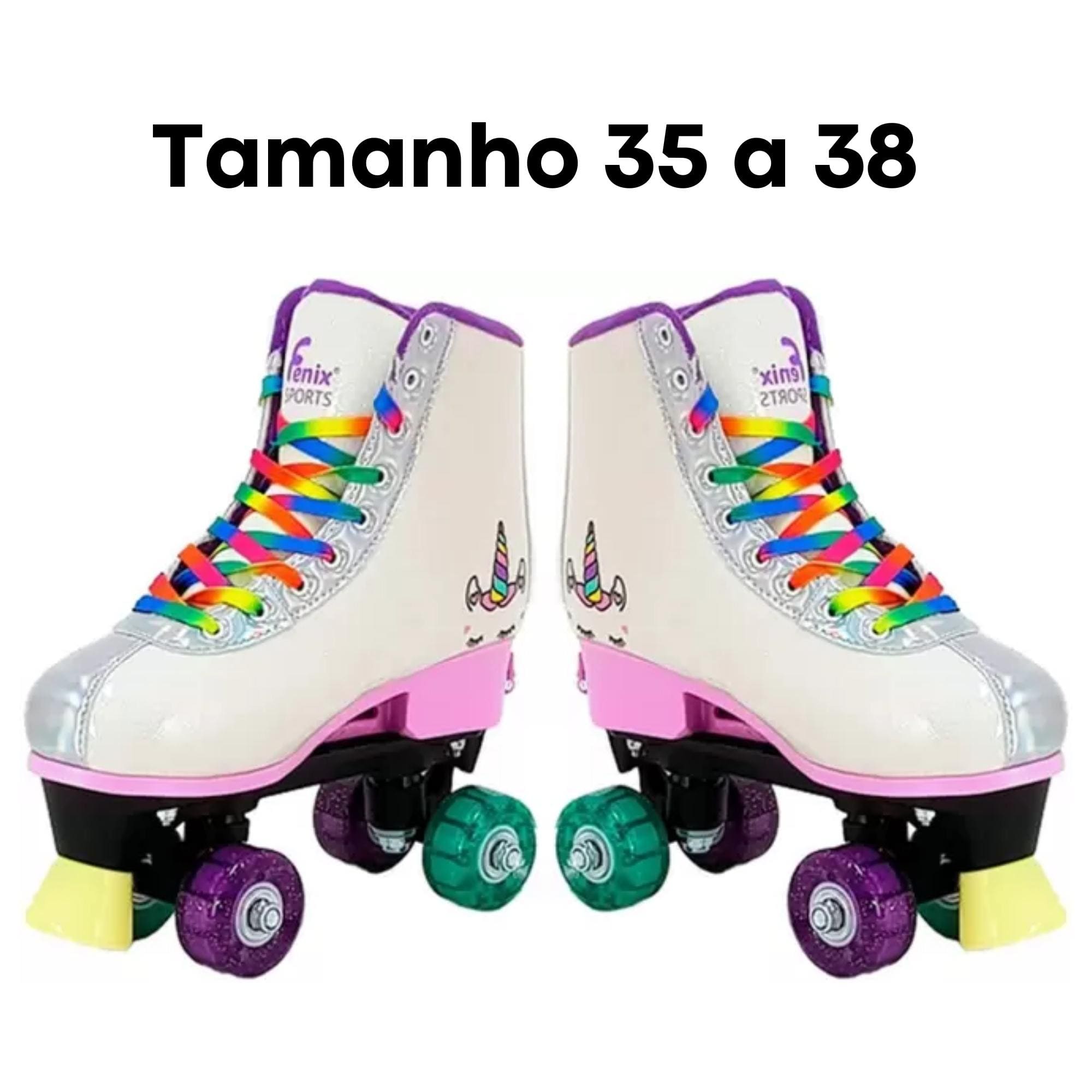 Par de Patins Luz 4 Rodas Ajustáveis Tamanho 35-38 Rosa Unicórnio Fenix Brinquedos - RL-08