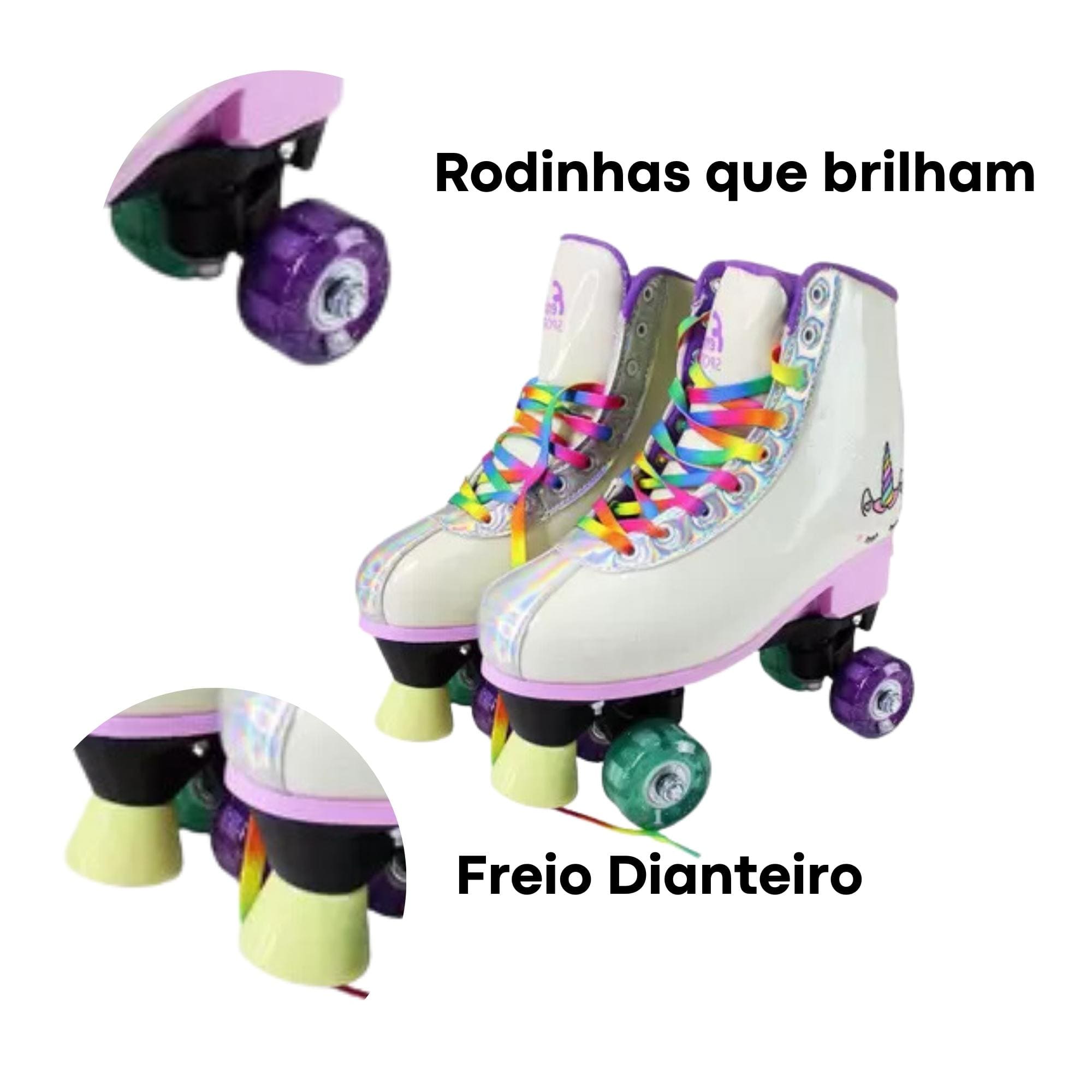 Par de Patins Luz 4 Rodas Ajustáveis Tamanho 35-38 Rosa Unicórnio Fenix Brinquedos - RL-08