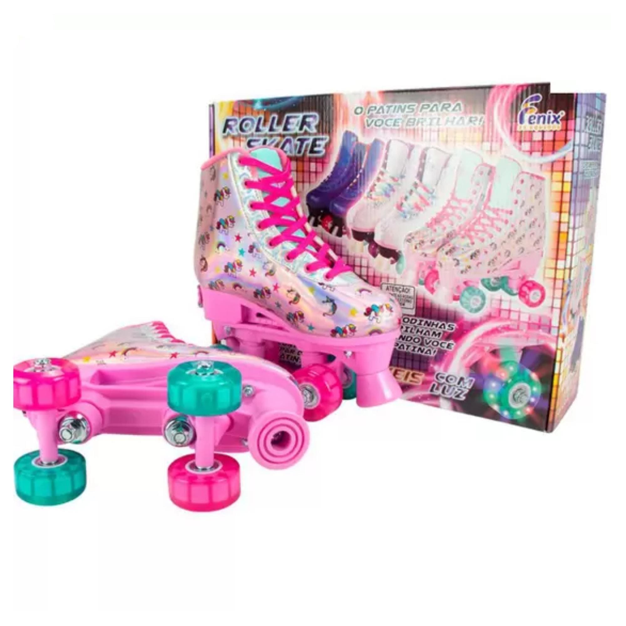 Par de Patins com Luz 4 Rodas Ajustáveis Tamanho 31-34 Azul Fenix Brinquedos? Suporta 70Kg-RL-10