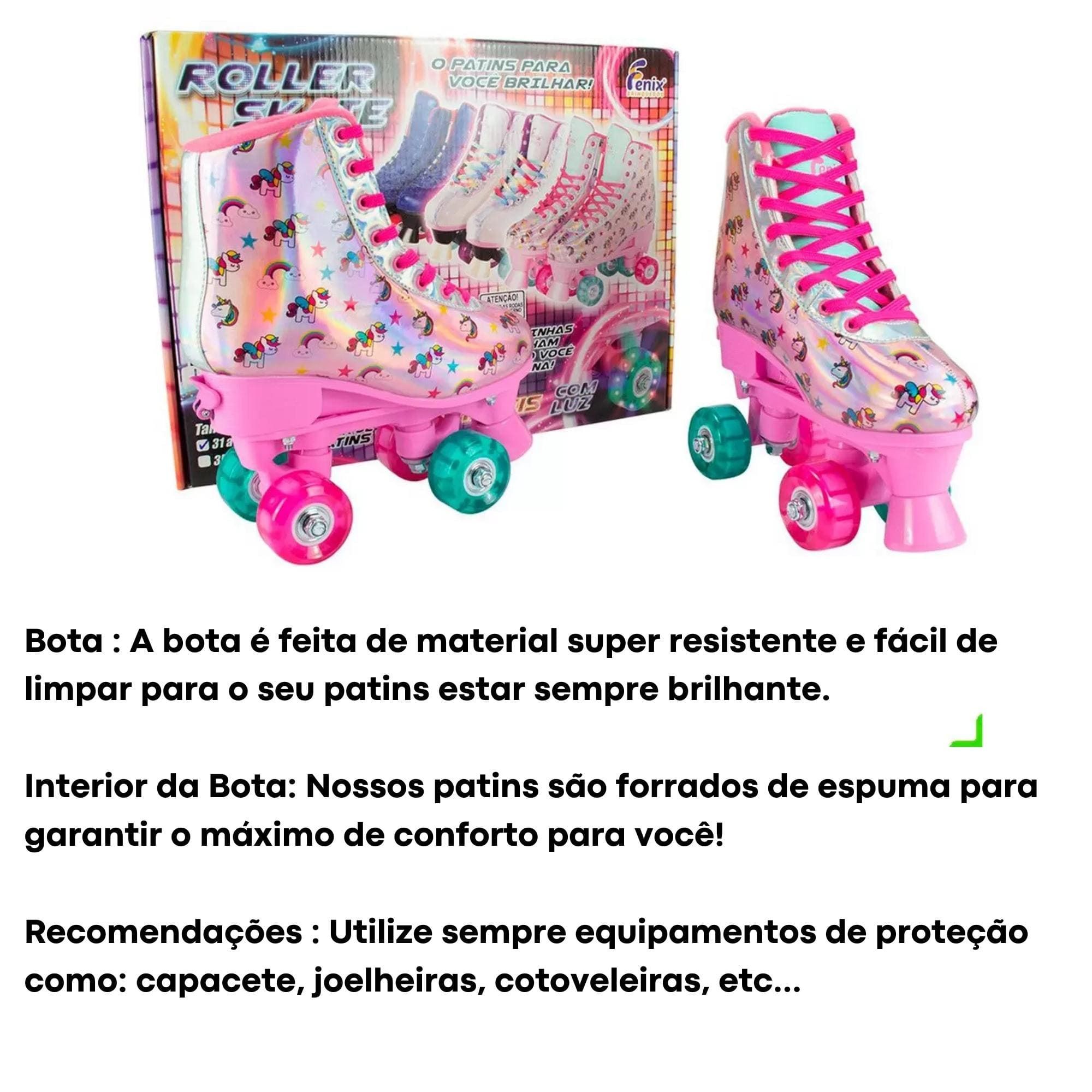 Par de Patins com Luz 4 Rodas Ajustáveis Tamanho 31-34 Azul Fenix Brinquedos? Suporta 70Kg-RL-10